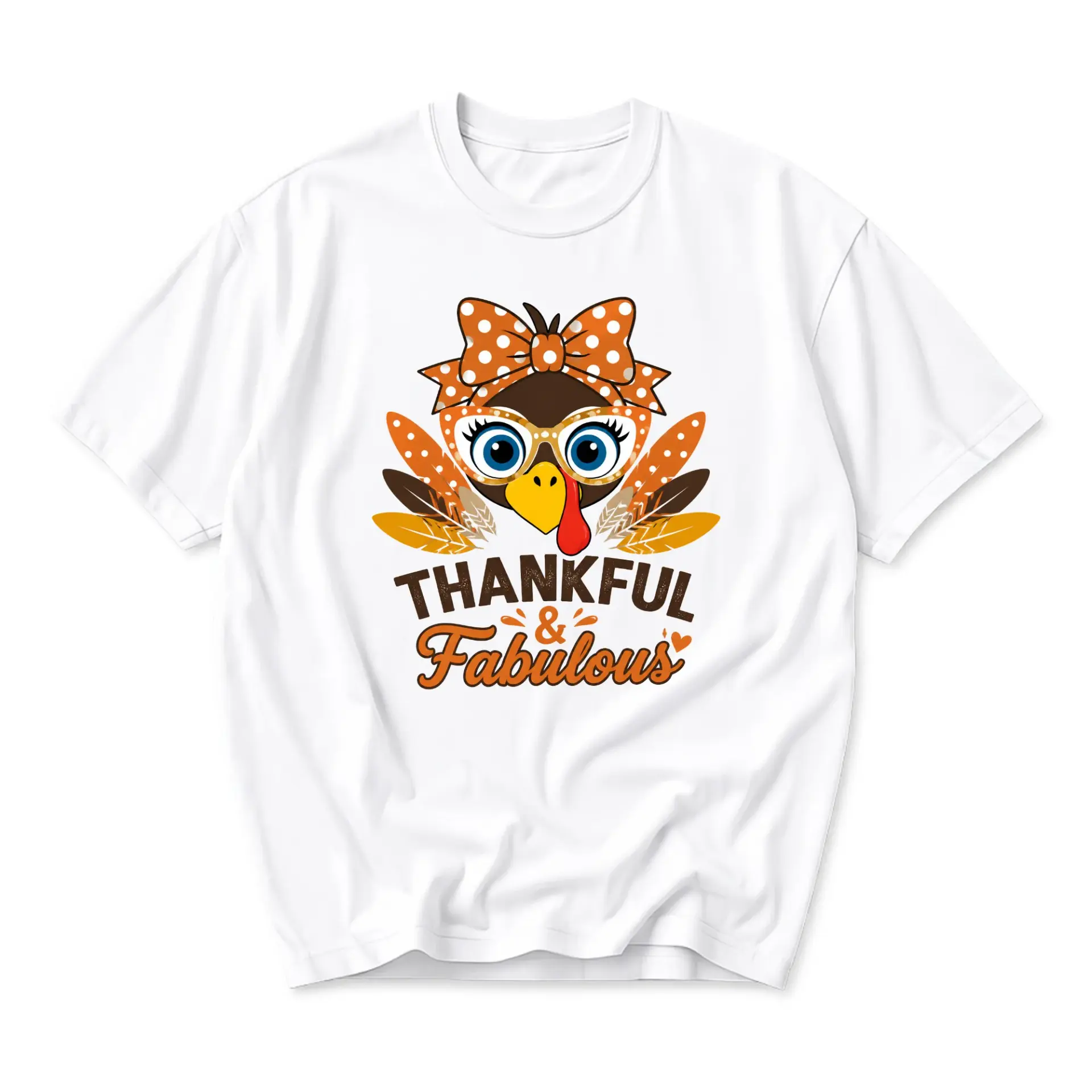 Graphic Tee Thankful and Fabulous Turkey Print Unisex Casual Crew Neck T-Shirt for Everyday Seasonal Wear White