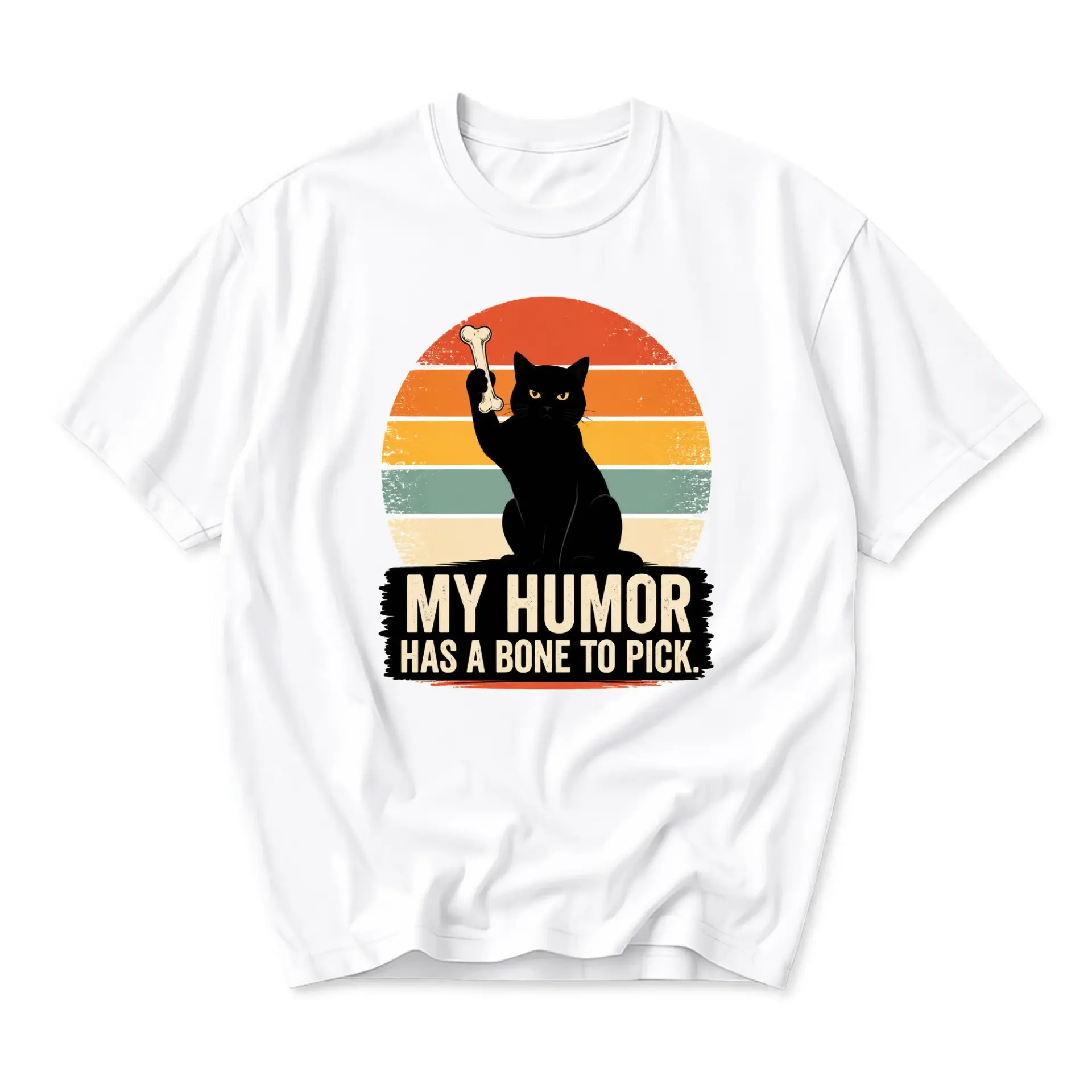 Funny Shirt Black Cat Graphic Tee Retro Bone to Pick Humorous Design Unisex Crew Neck Everyday Casual Apparel White