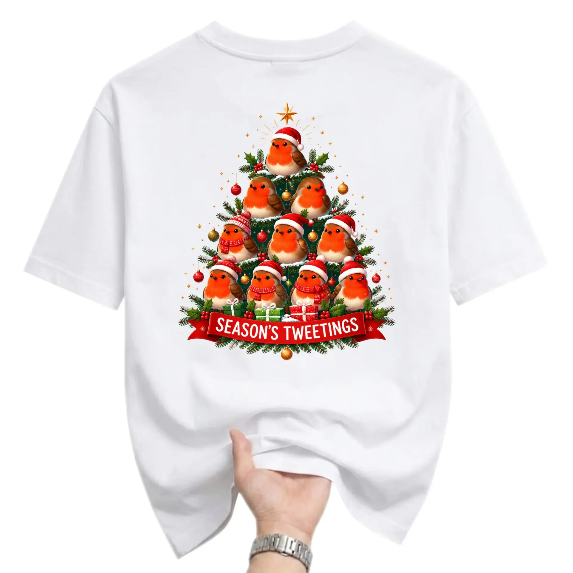 Graphic Tee Unisex Christmas Tree with Cute Birds Season's Tweetings Holiday Print Casual Cotton Crew Neck Shirt