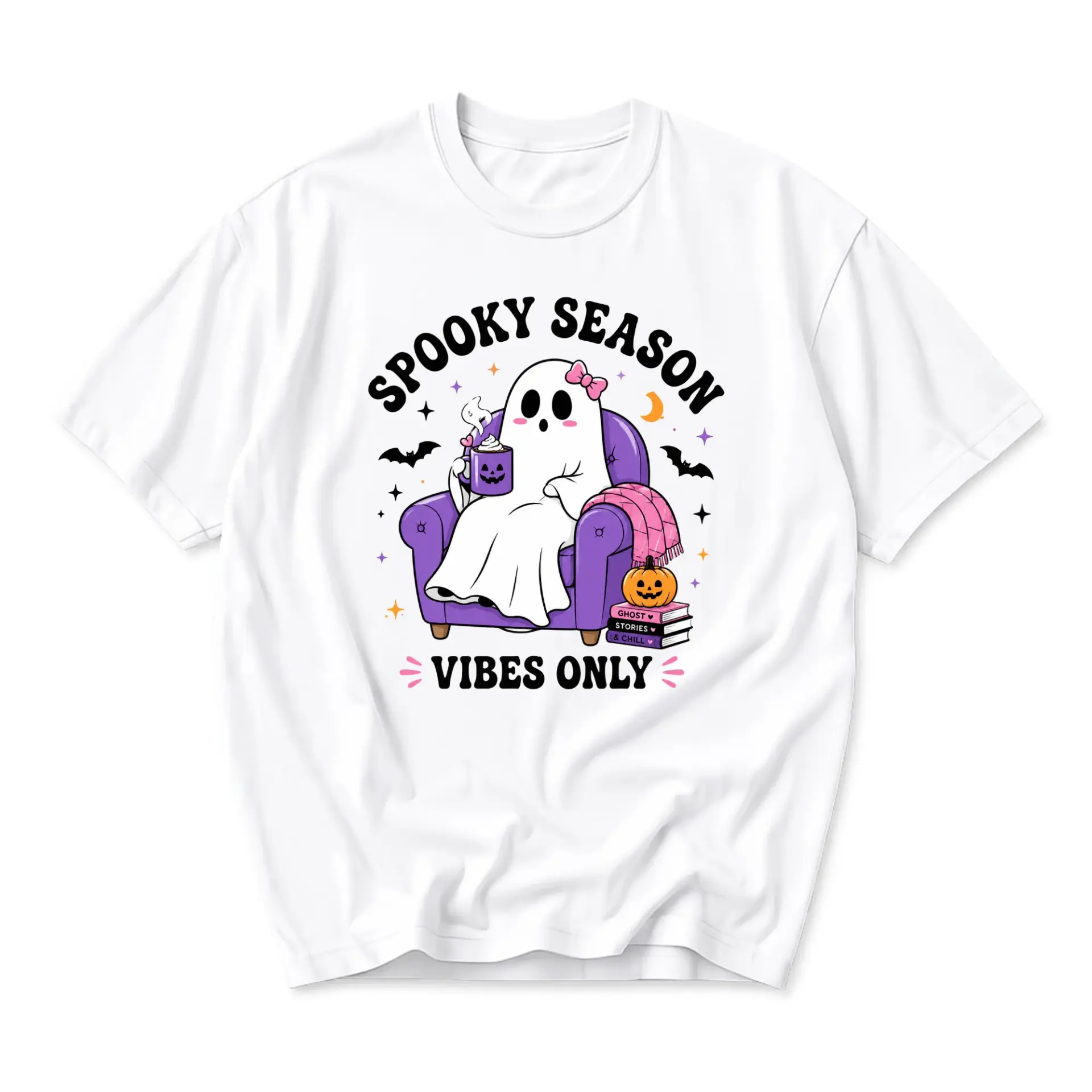 Graphic Tee Spooky Season Vibes Only Cute Ghost Shirt Unisex Crew Neck Short Sleeve Casual Autumn Holiday Top