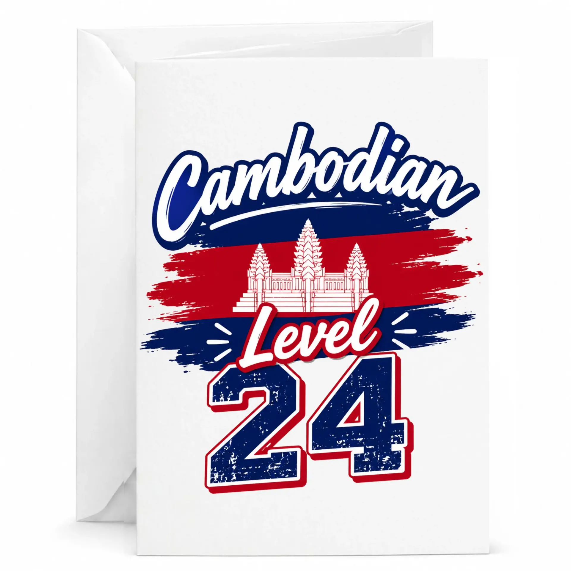 Greeting Card Cambodian Level 24 Birthday Gift Featuring Architectural Landmark Illustration and National Color Theme