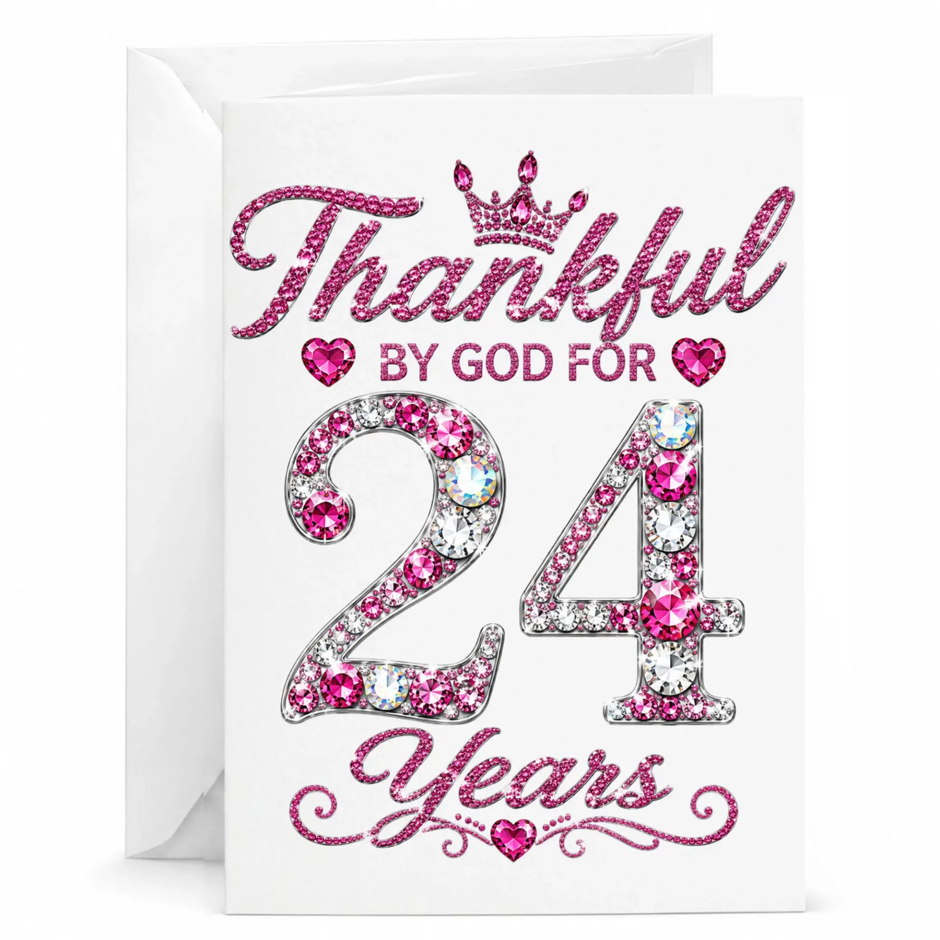 Birthday Card Thankful by God for 24 Years Featuring Sparkling Pink Gemstone Numbers and Elegant Crown Design