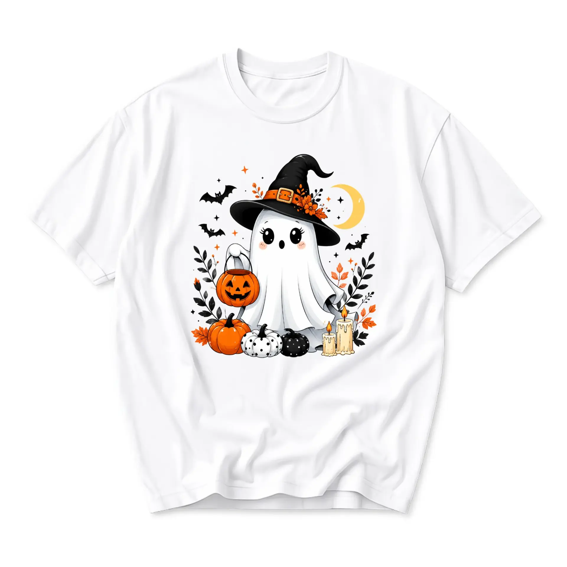 Graphic Tee Unisex Halloween Ghost Wearing Witch Hat with Pumpkins and Bats Casual Crew Neck Short Sleeve Shirt