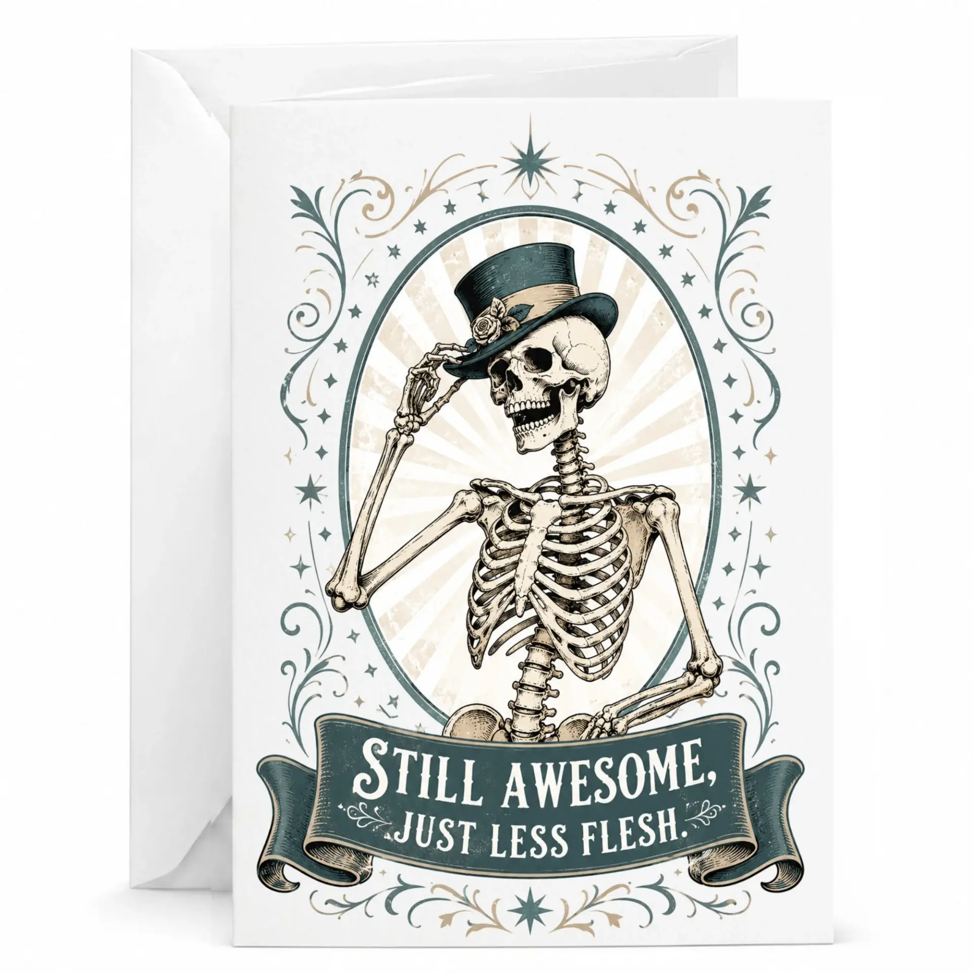 Funny Greeting Card Still Awesome Just Less Flesh Skeleton Illustration Print for Birthday and Encouragement