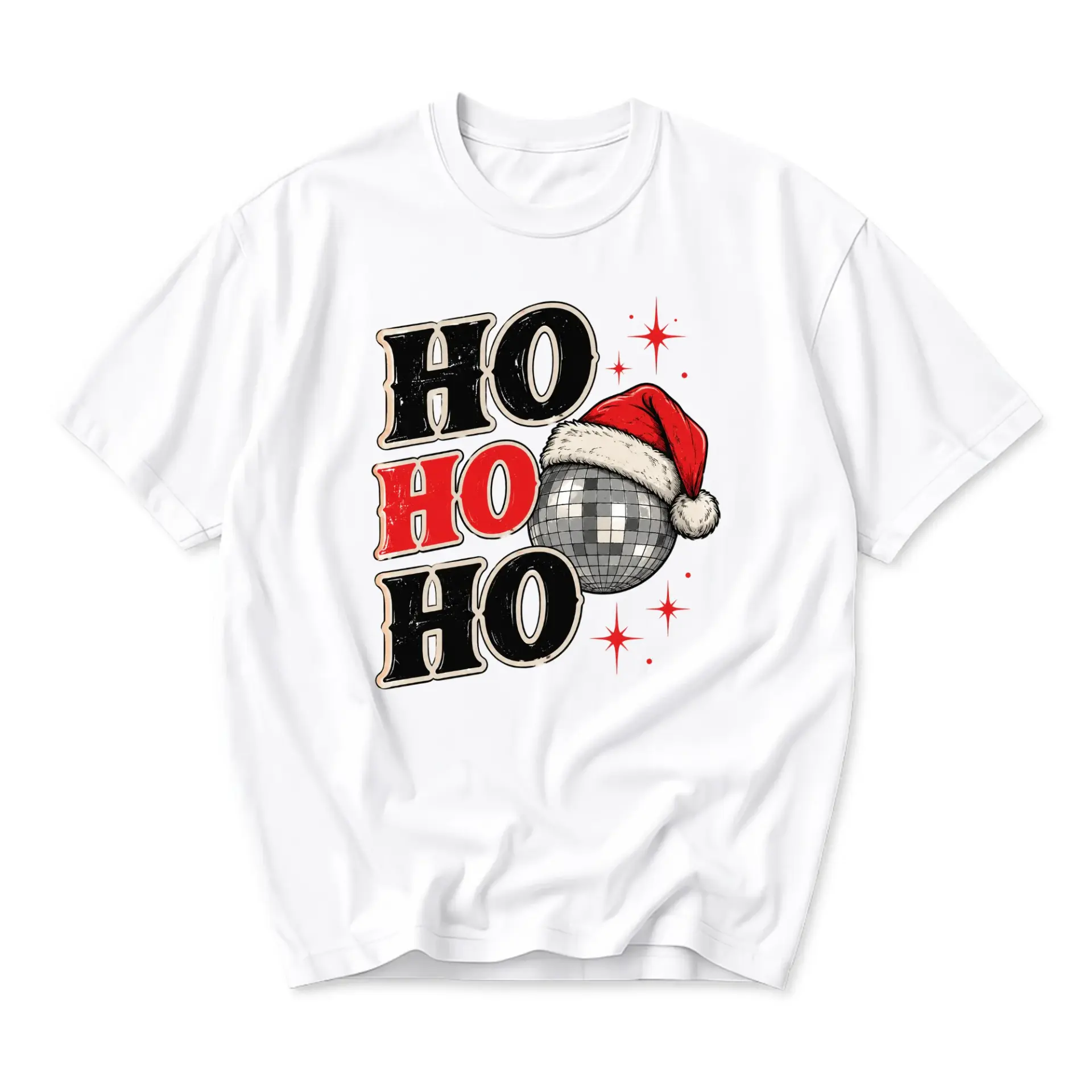 Graphic Tee Ho Ho Ho Disco Ball Christmas Unisex Crew Neck Short Sleeve Shirt for Casual Holiday Party Apparel