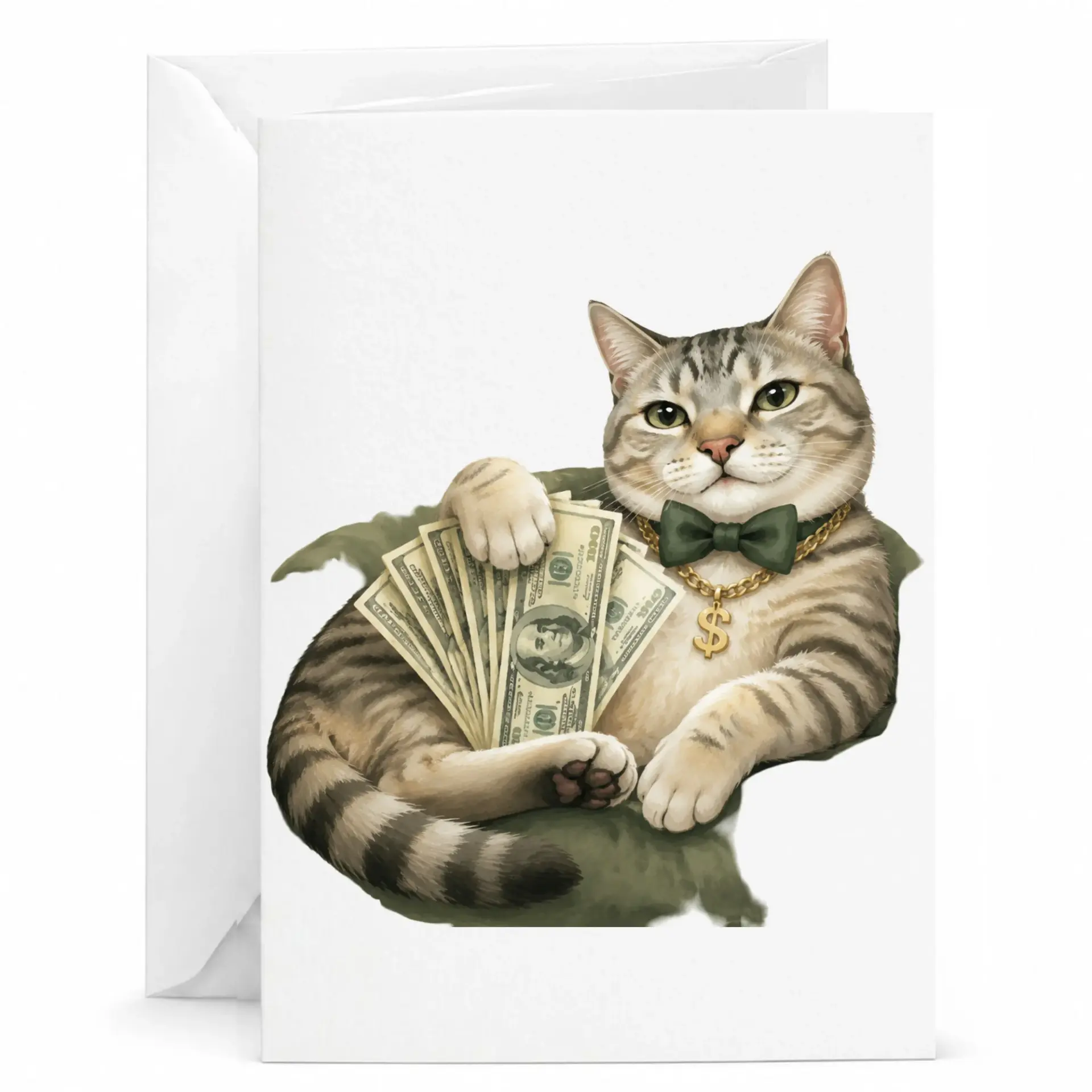 Funny Cat Greeting Card Featuring a Wealthy Tabby Wearing a Gold Dollar Sign Necklace and Holding for Any Occasion