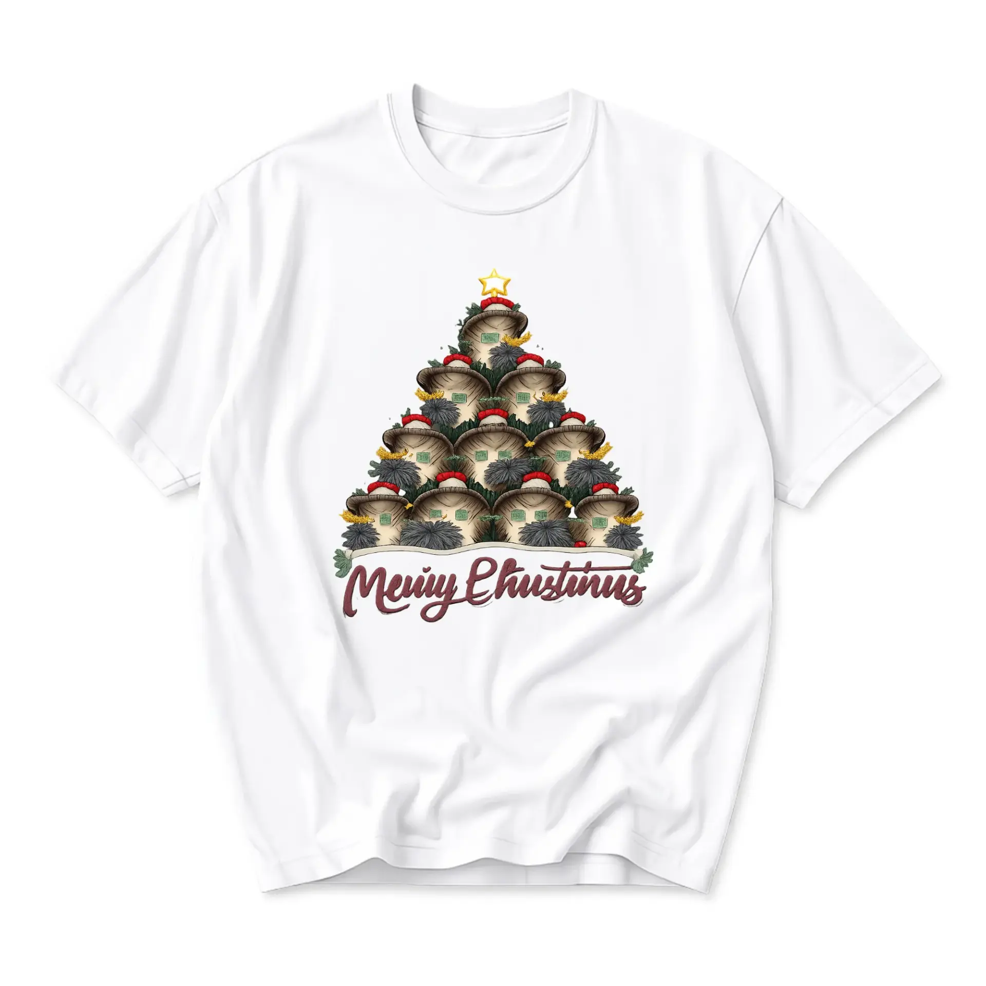 Funny Shirt Mushroom Christmas Tree Graphic Tee Seasonal Holiday Apparel for Men and Women Casual Cotton Crew Neck Top