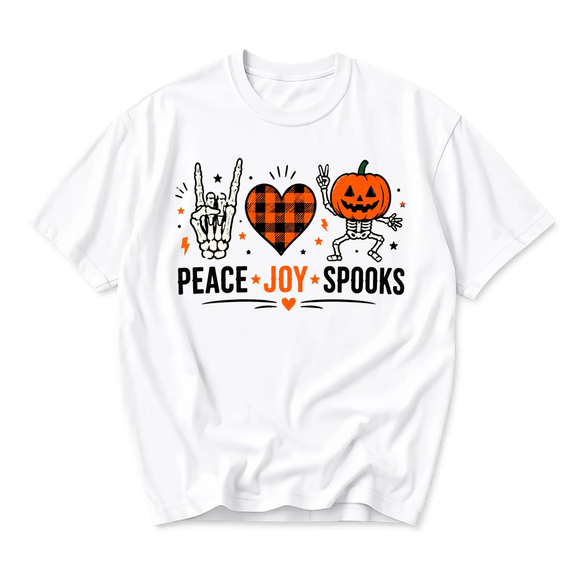 Graphic Tee Peace Joy Spooks Halloween Shirt Unisex Cotton Crew Neck Short Sleeve Fall Seasonal Holiday Casual Top