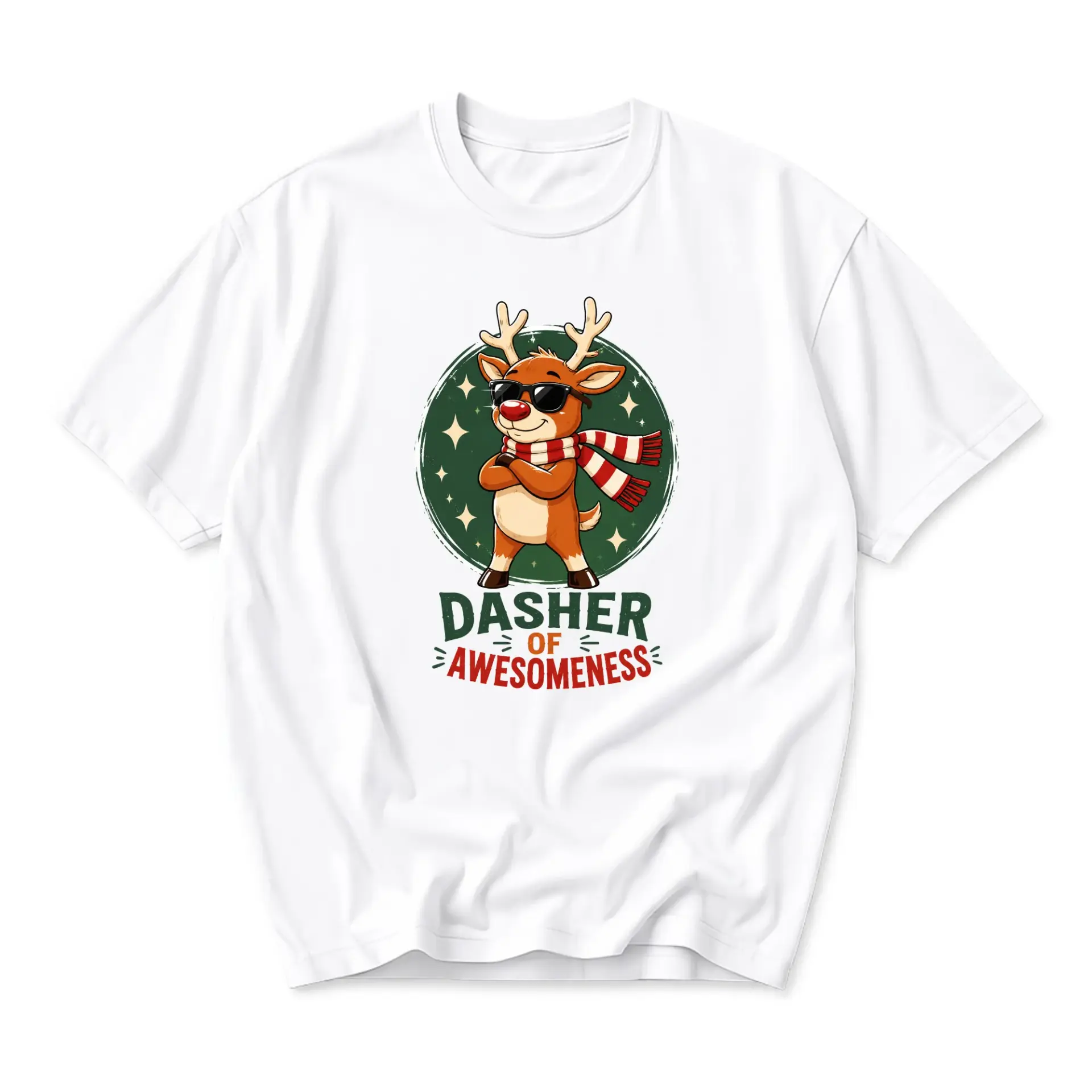 Funny Shirt Dasher of Awesomeness Graphic Tee Unisex Reindeer Winter Holiday Apparel Casual Crew Neck White Cotton