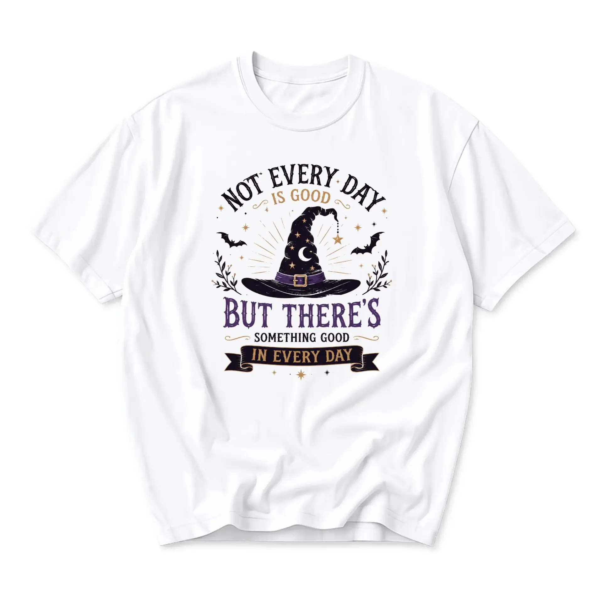 Graphic Tee Unisex Crew Neck T-Shirt Featuring Witch Hat Illustration with Inspirational Quote About Every Day