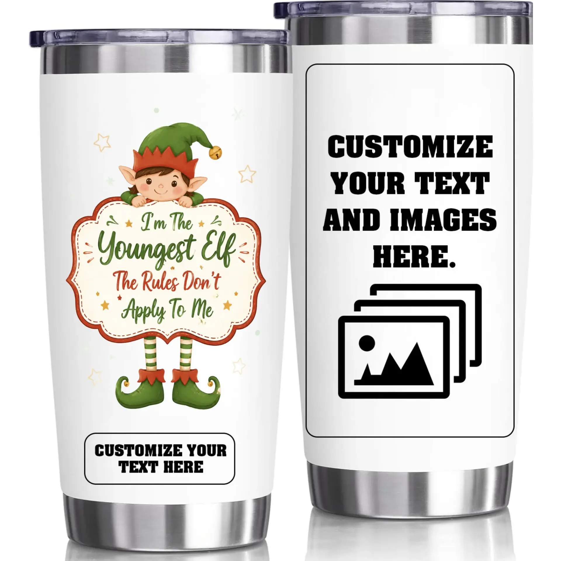 Stainless Steel Tumbler 20oz Insulated Cup for Holiday Fun with Whimsical Elf Illustration and Custom Text Design