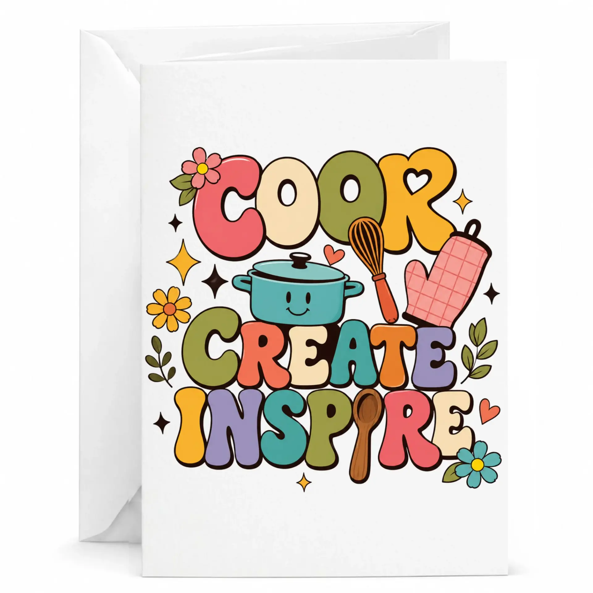 Greeting Card Cook Create Retro Kitchen Typography Design with Whisk and Pot Art for Bakers Chefs