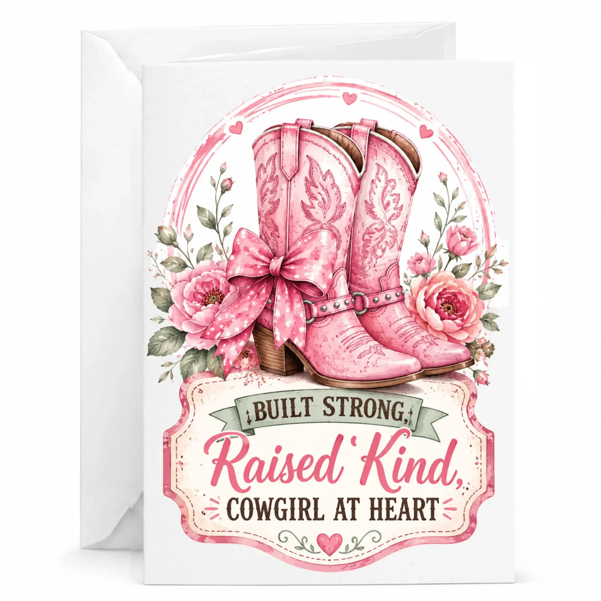 Greeting Card Strong Raised Kind at Heart Pink Boots Floral Design Inspired Stationery