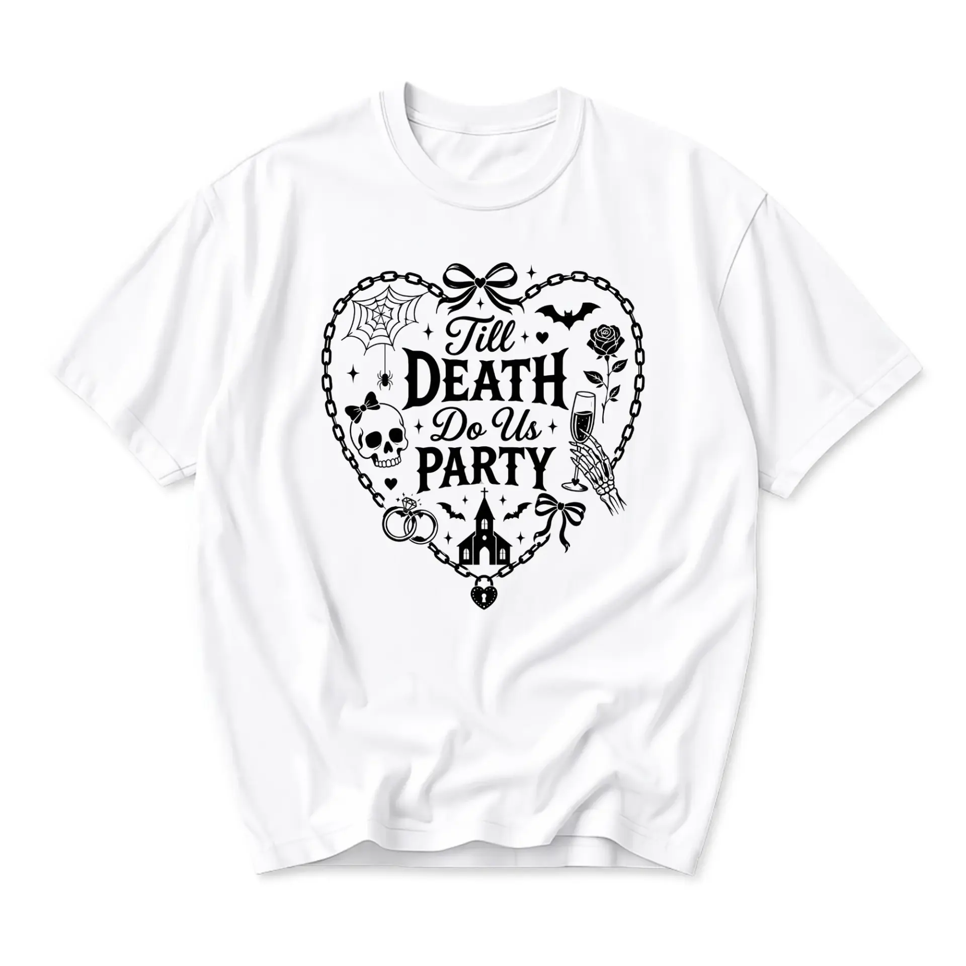 Funny Shirt Till Death Do Us Party Graphic Tee Unisex Casual Crew Neck Top Gothic Inspired Print Cotton Blend
