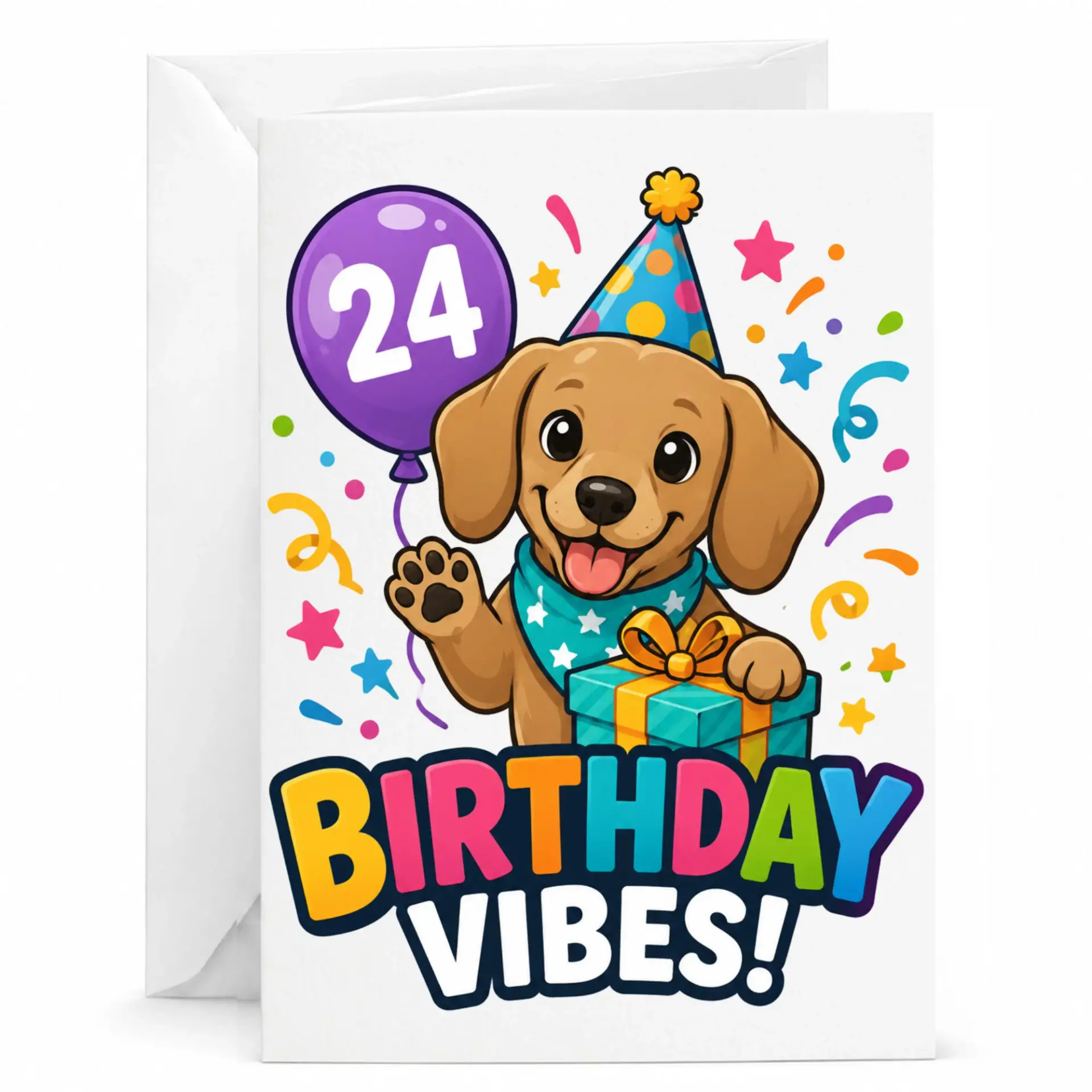 Birthday Card 24th Birthday Dog Party Celebration Greeting Card with Envelope for Milestone Anniversary Congratulations