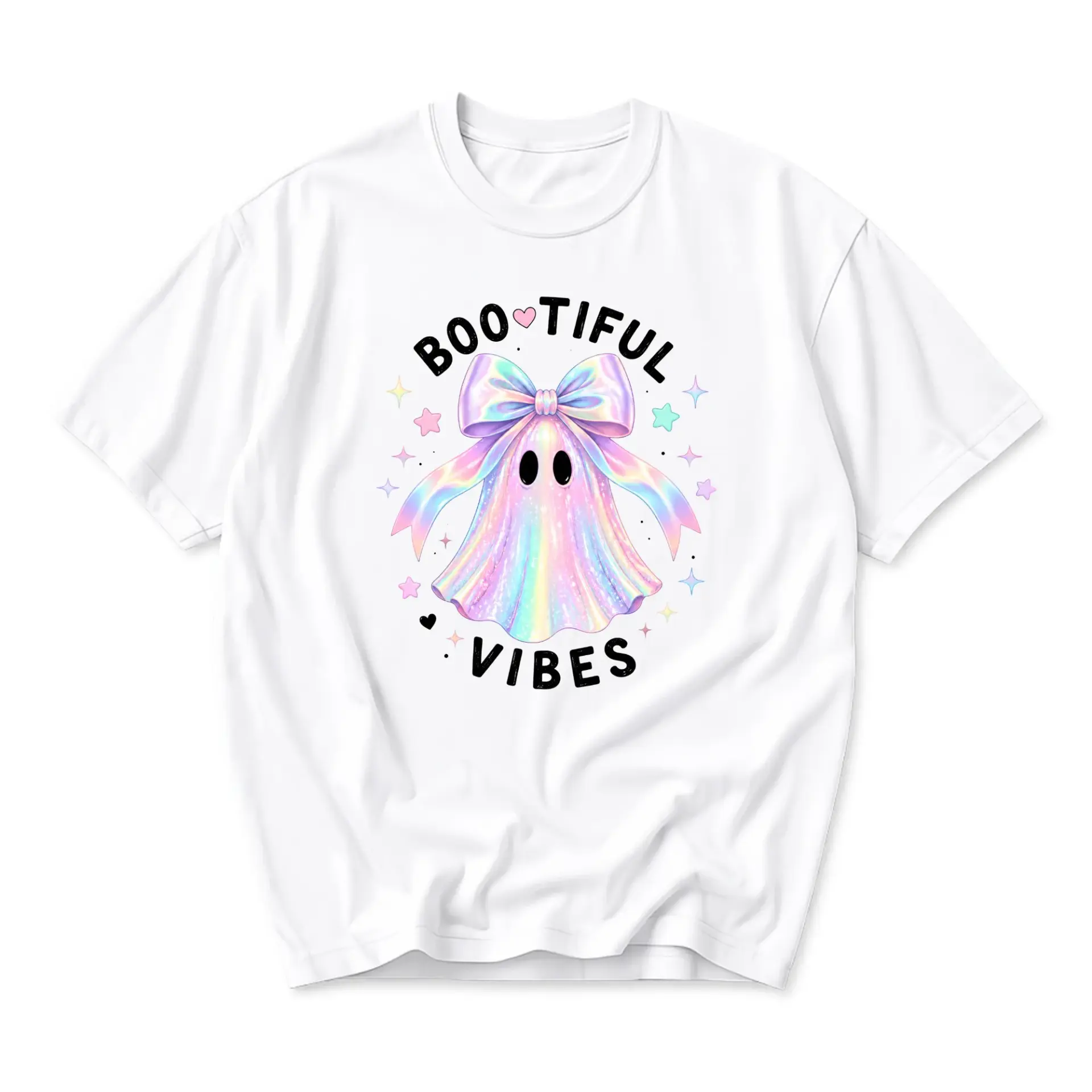Graphic Tee Bootiful Vibes Ghost Shirt Cute Spooky Aesthetic Apparel Unisex Crew Neck Short Sleeve Casual Cotton Top