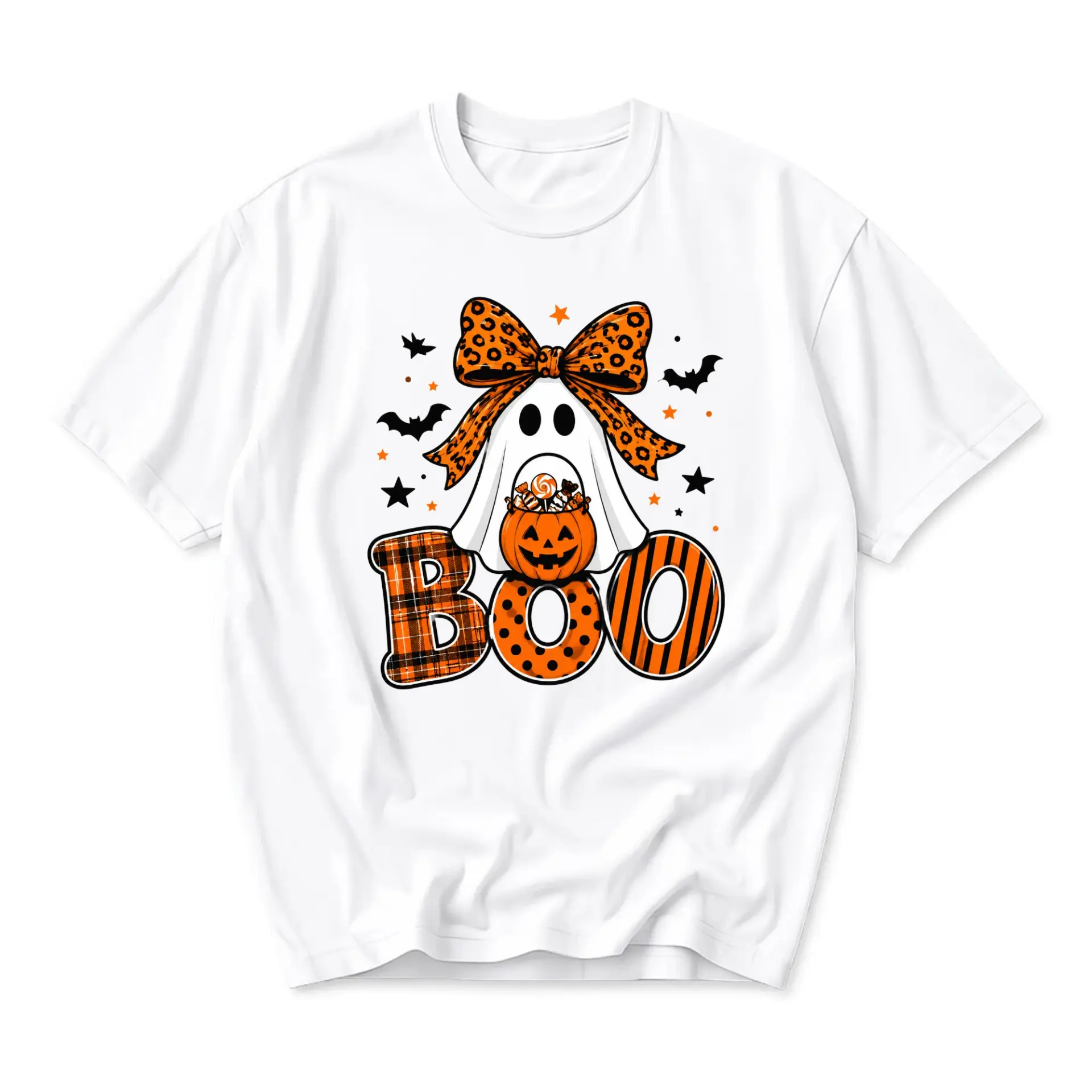 Graphic Tee Halloween Boo Ghost T-Shirt Featuring Spooky Leopard Print Bow and Pumpkin Basket for Autumn Season Wear