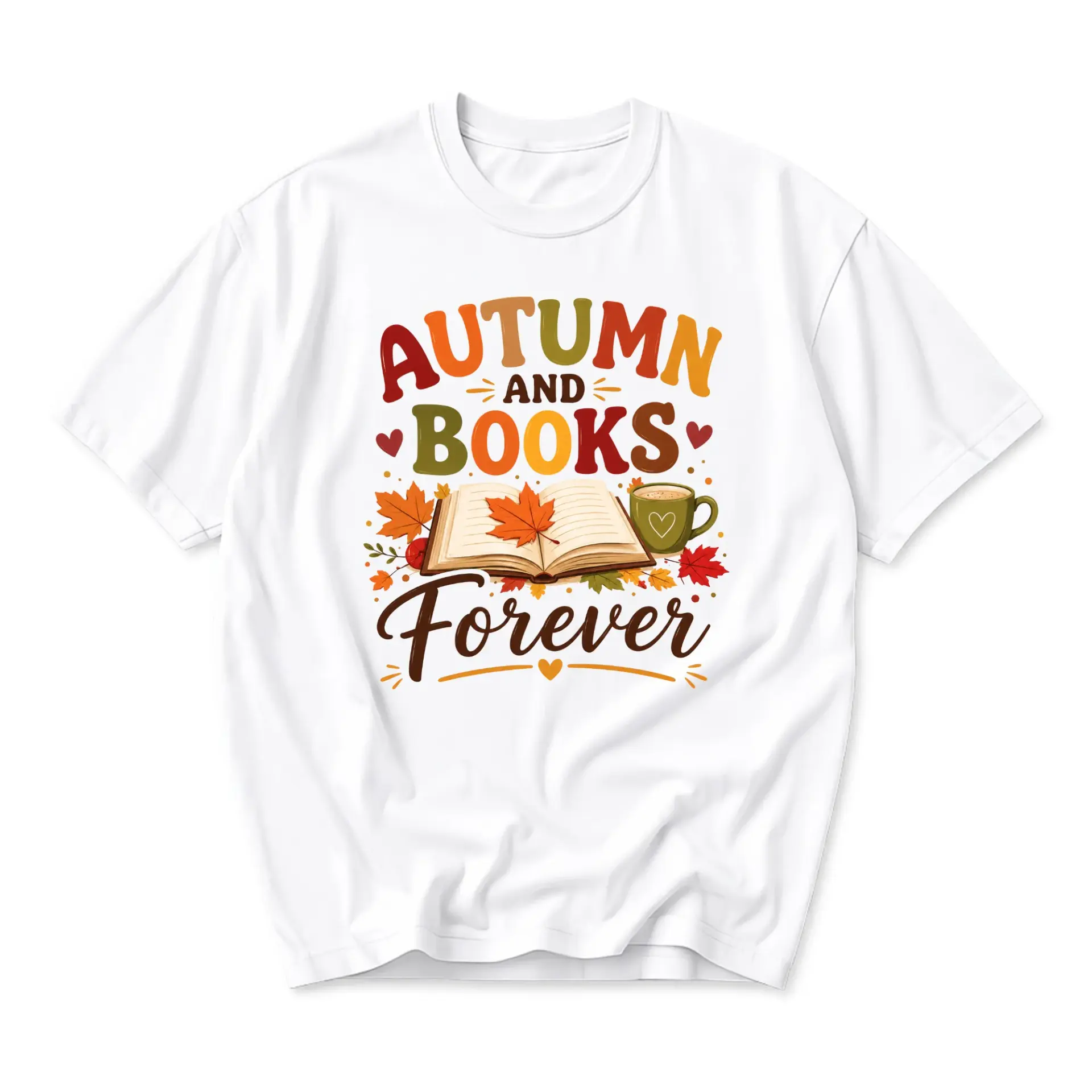 Graphic Tee Autumn and Books Forever Unisex Crew Neck Short Sleeve Shirt for Casual Fall Season Apparel and Reading Fans