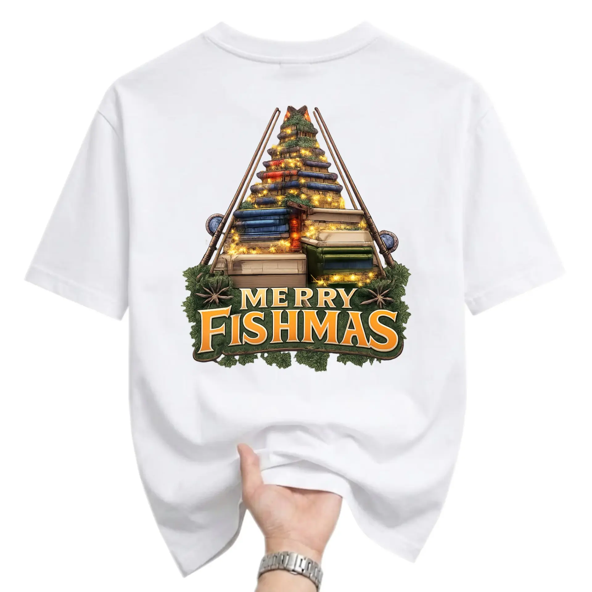 Funny Shirt Merry Fishmas Holiday Fishing Graphic Tee for Outdoor Lovers Unisex Crew Neck Casual Cotton Blend Top