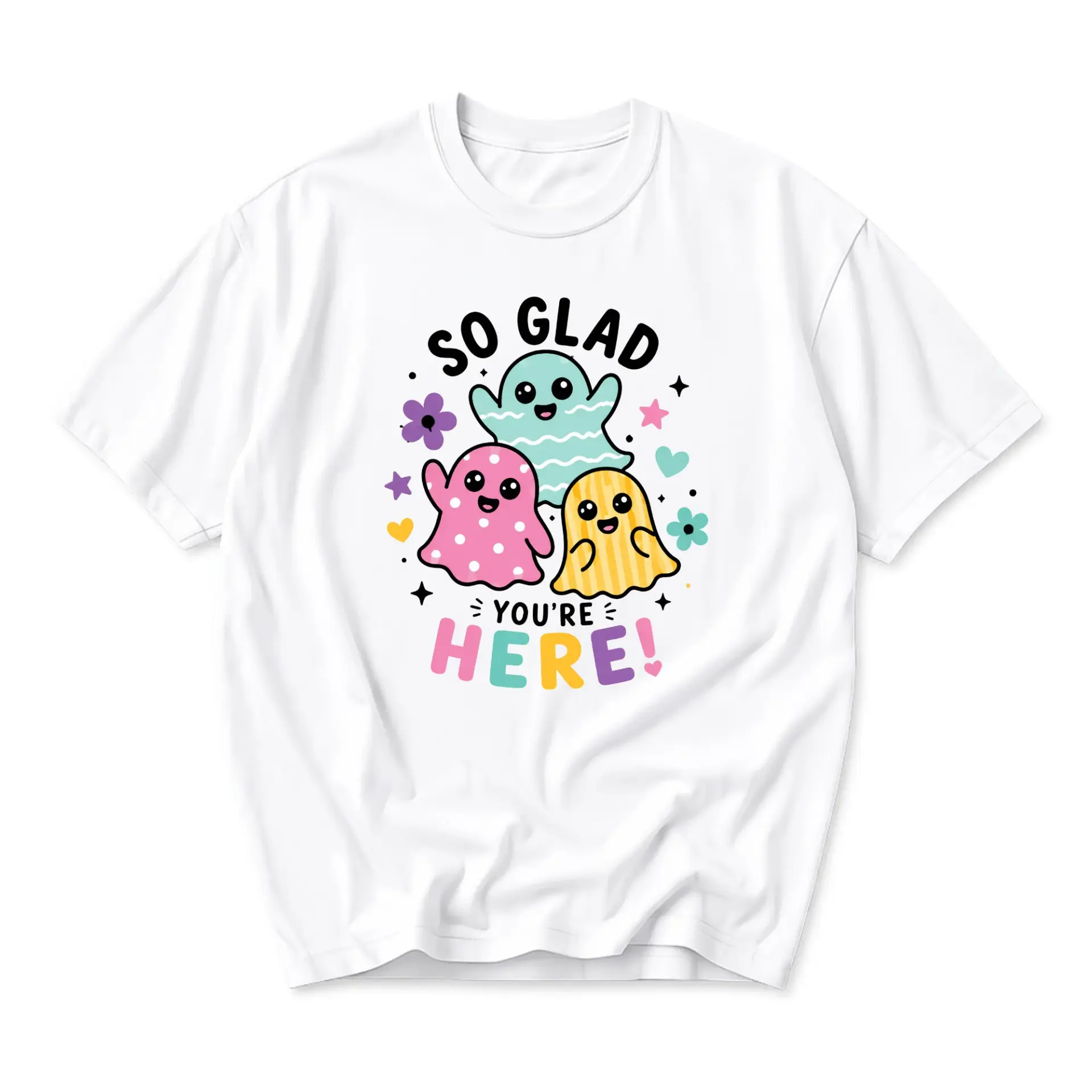 Graphic Tee so Glad You Are Here Cute Colorful Ghosts Print Unisex Short Sleeve Crew Neck Cotton Blend Casual Shirt