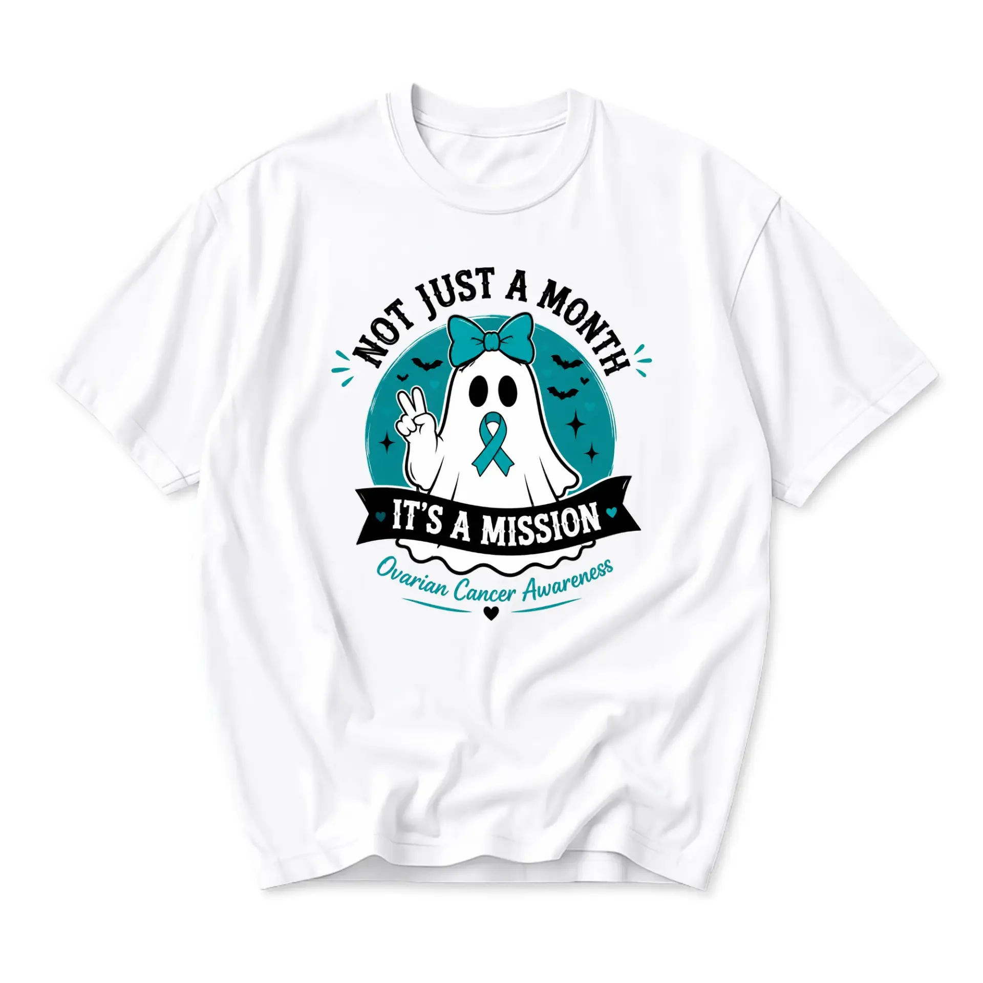 Graphic Tee Ovarian Cancer Awareness Ghost Shirt Unisex Casual Top Not Just a Month It Is a Mission Teal Ribbon