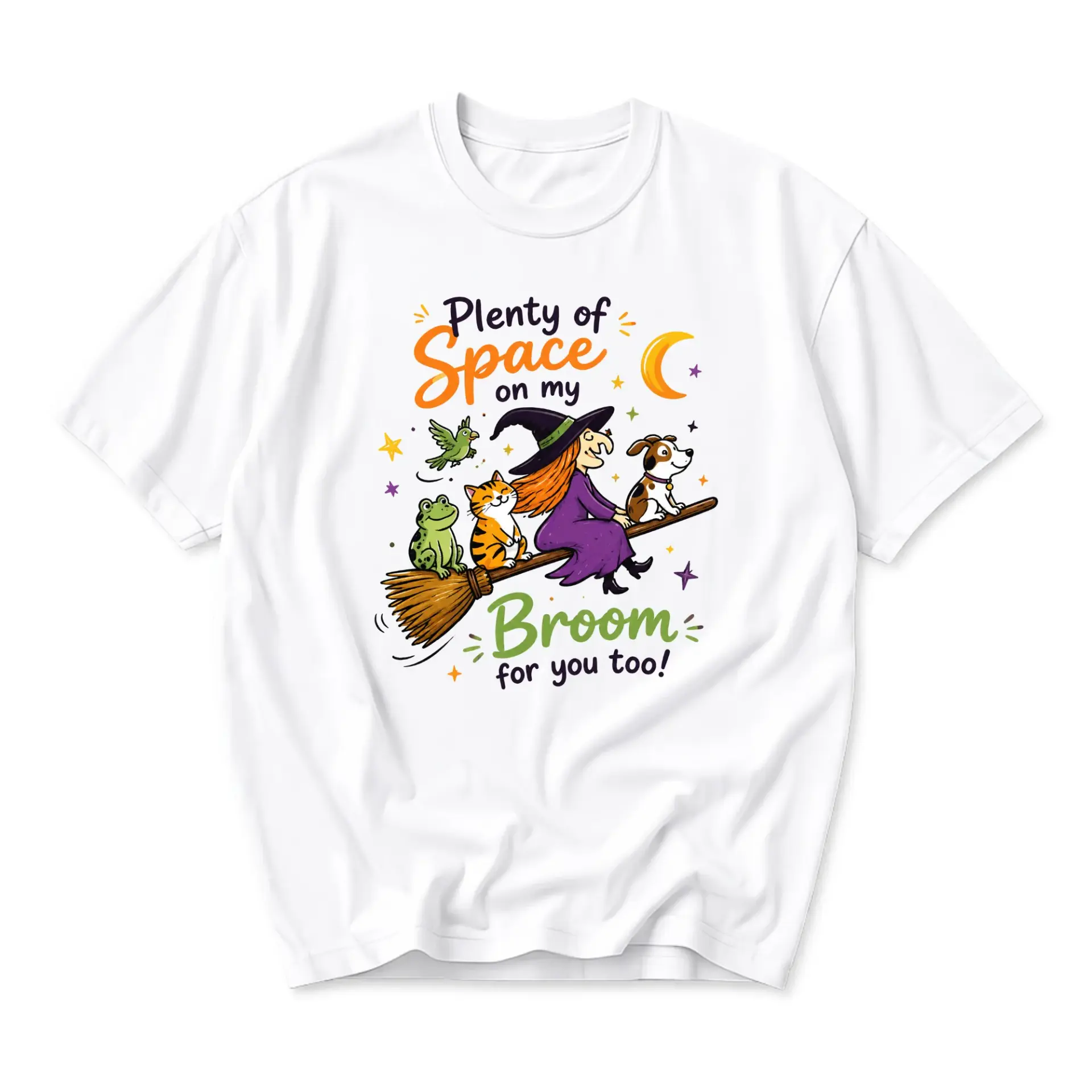 Funny Shirt Witch on Broom Graphic Tee Casual Unisex Crew Neck Top Featuring Cute Animal Companions Design White