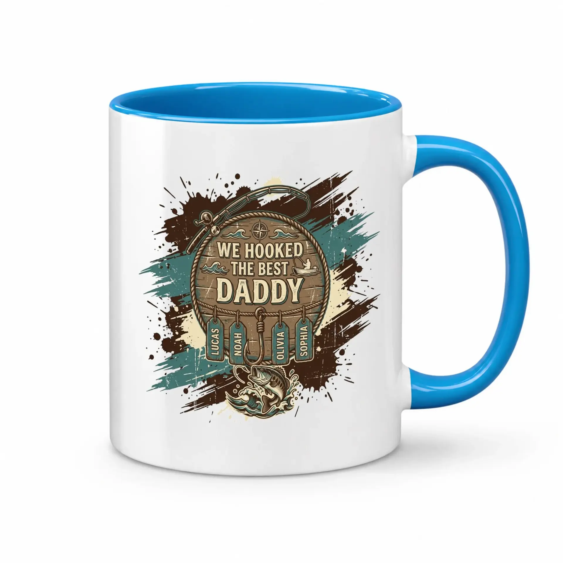 Personalized Fishing Theme Ceramic Coffee Mug for Dad Featuring Custom Names and Outdoor Adventure Graphic Design Style