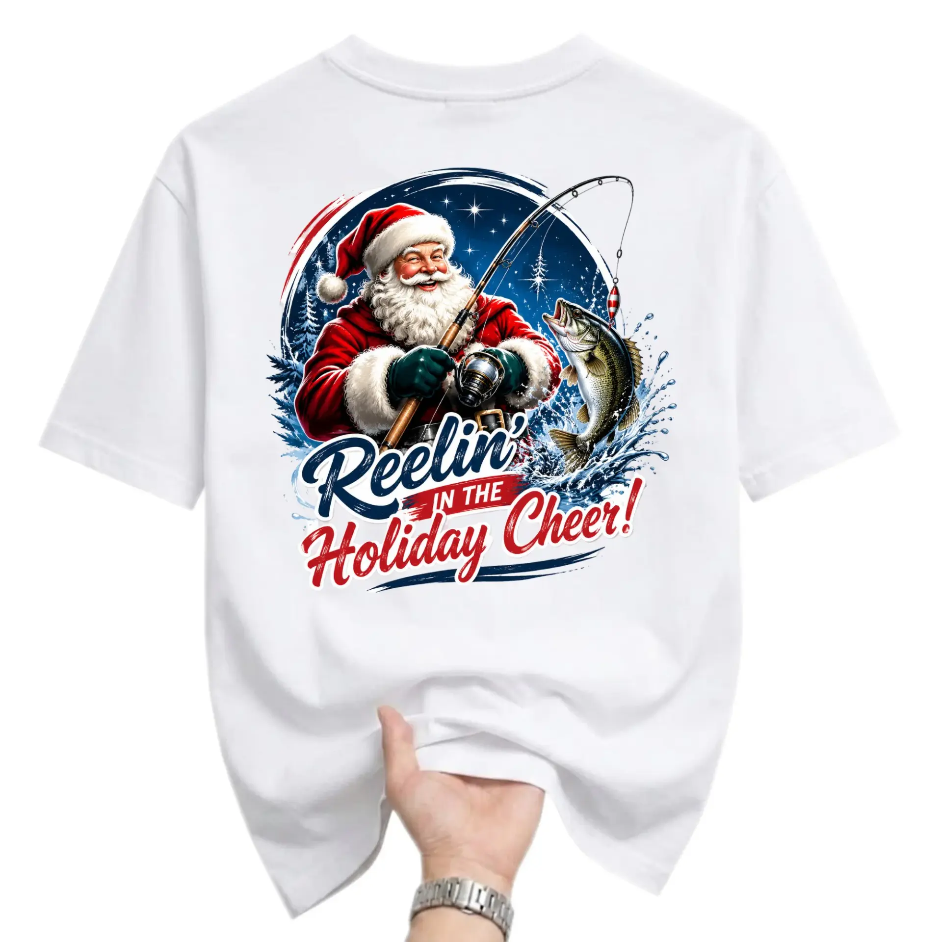 Funny Shirt Reelin in the Holiday Cheer Santa Claus Fishing Graphic Tee