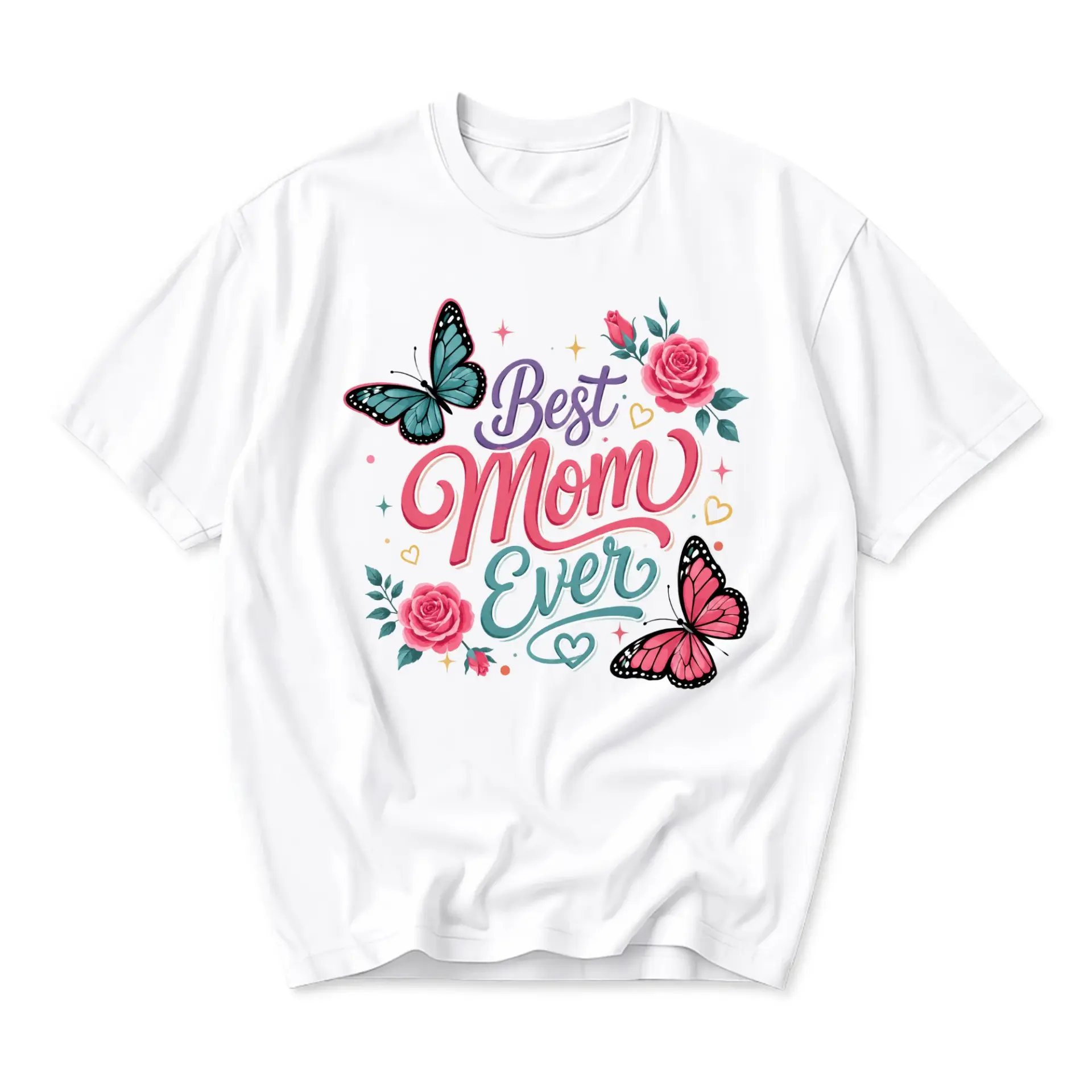 Graphic Tee Best Mom Ever Butterfly Floral Print Casual Unisex Crew Neck T-Shirt for Everyday Comfort and Style