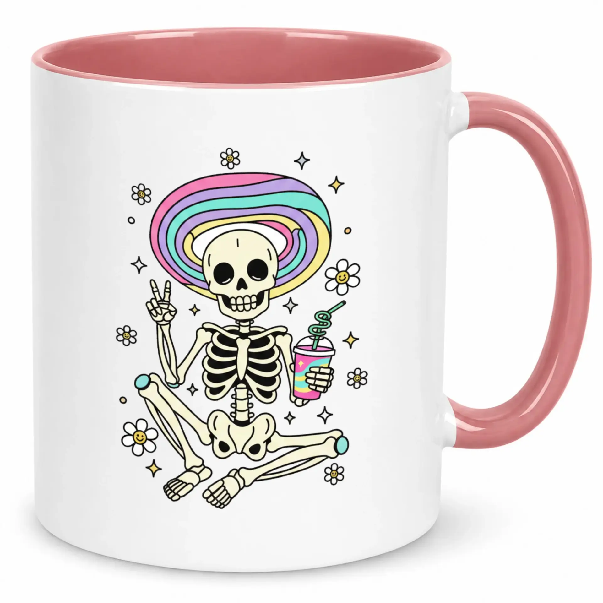 Funny Skeleton Rainbow Hat Ceramic Coffee Mug - Whimsical Peace Sign Beverage Cup with Vibrant Colors for Hot Drinks