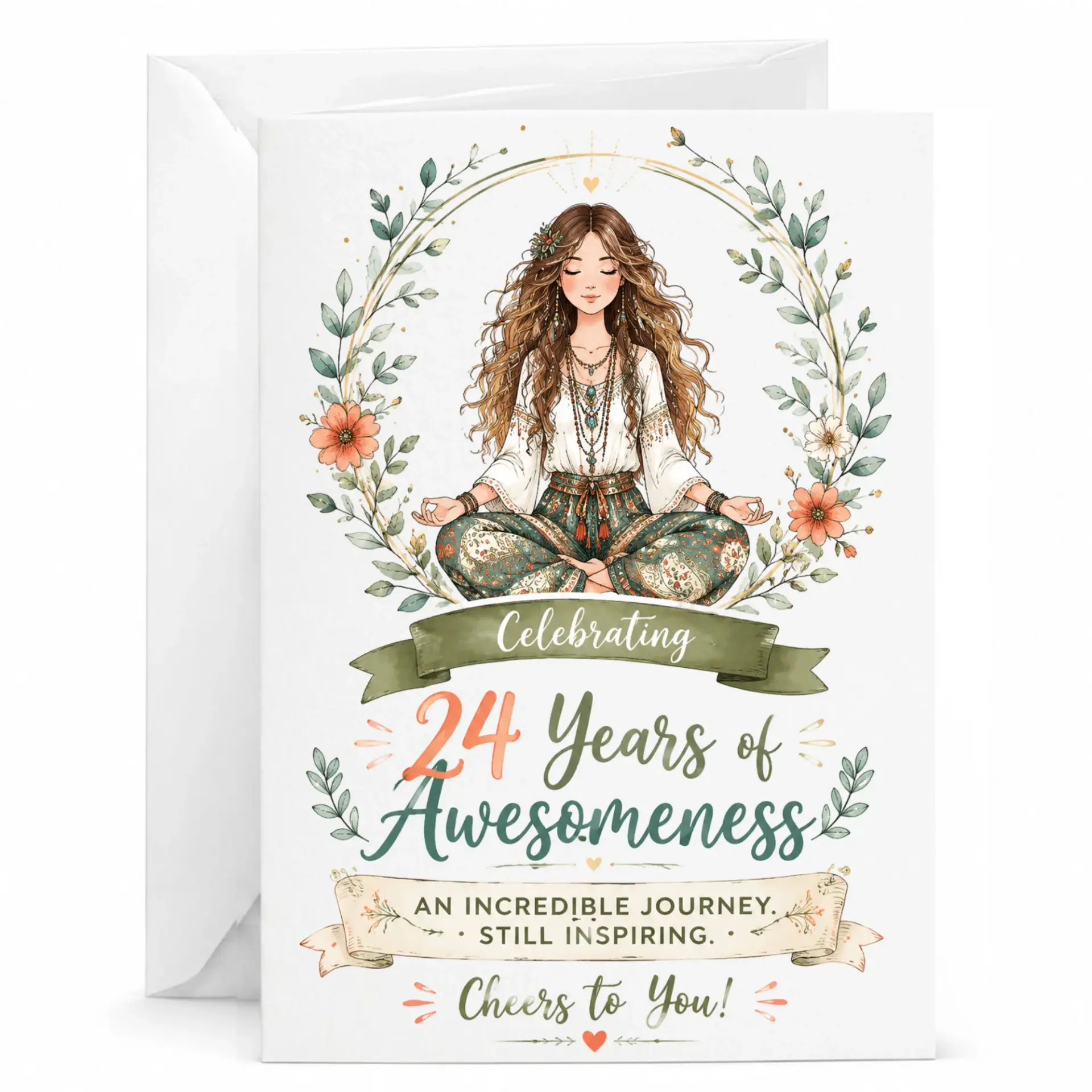 Greeting Card 24th Birthday Celebration Featuring Boho Chic Art Illustration for Friend Milestone Anniversary Gift