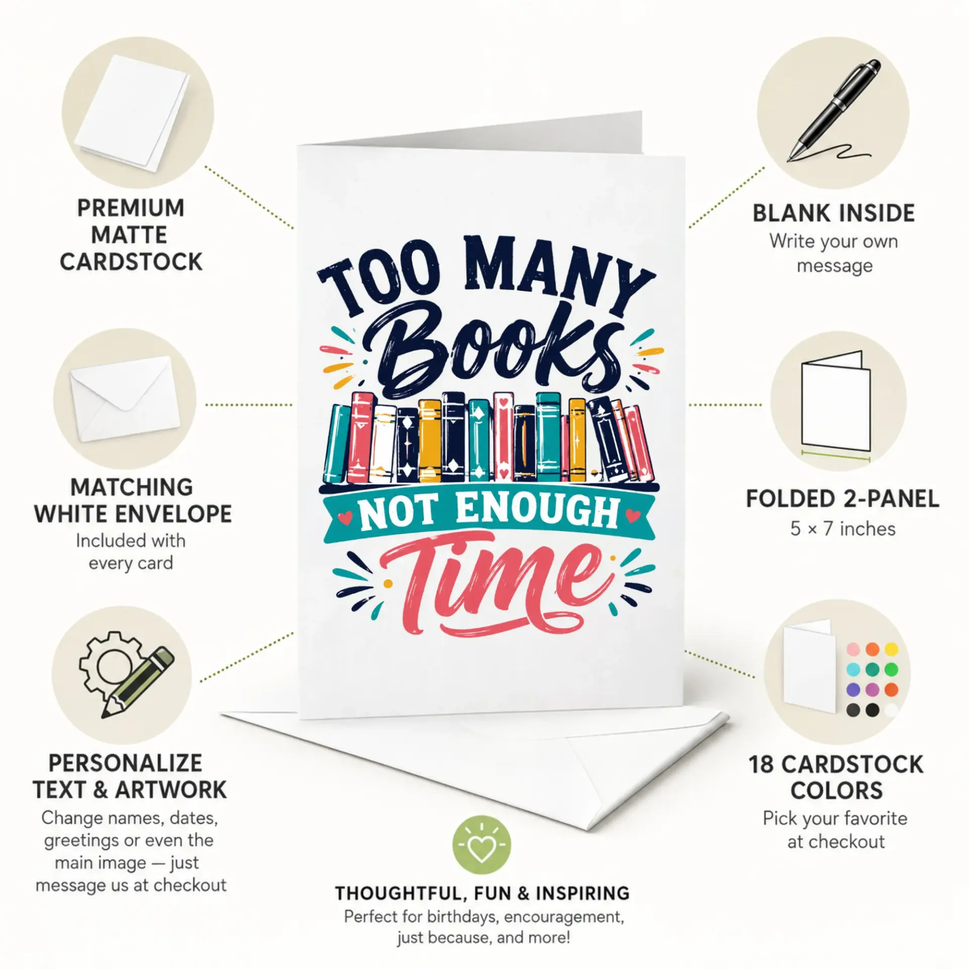 Funny Greeting Card for Book Lovers Too Many Books Not Enough Time Illustrated Stationary for Friends and Readers