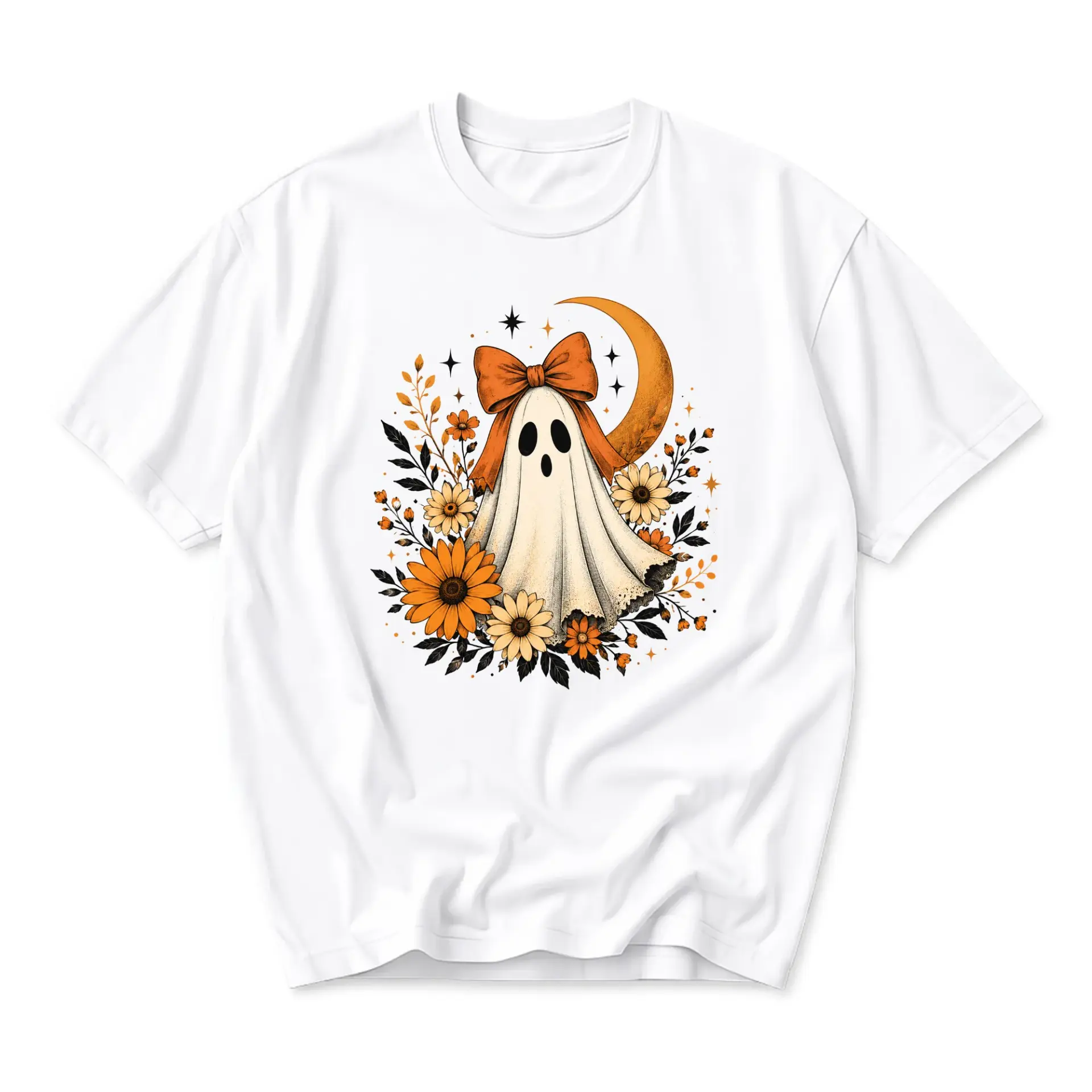 Graphic Tee Unisex Ghost with Orange Bow Floral Moon Aesthetic T-Shirt Casual Comfortable Short Sleeve Crew Neck Top