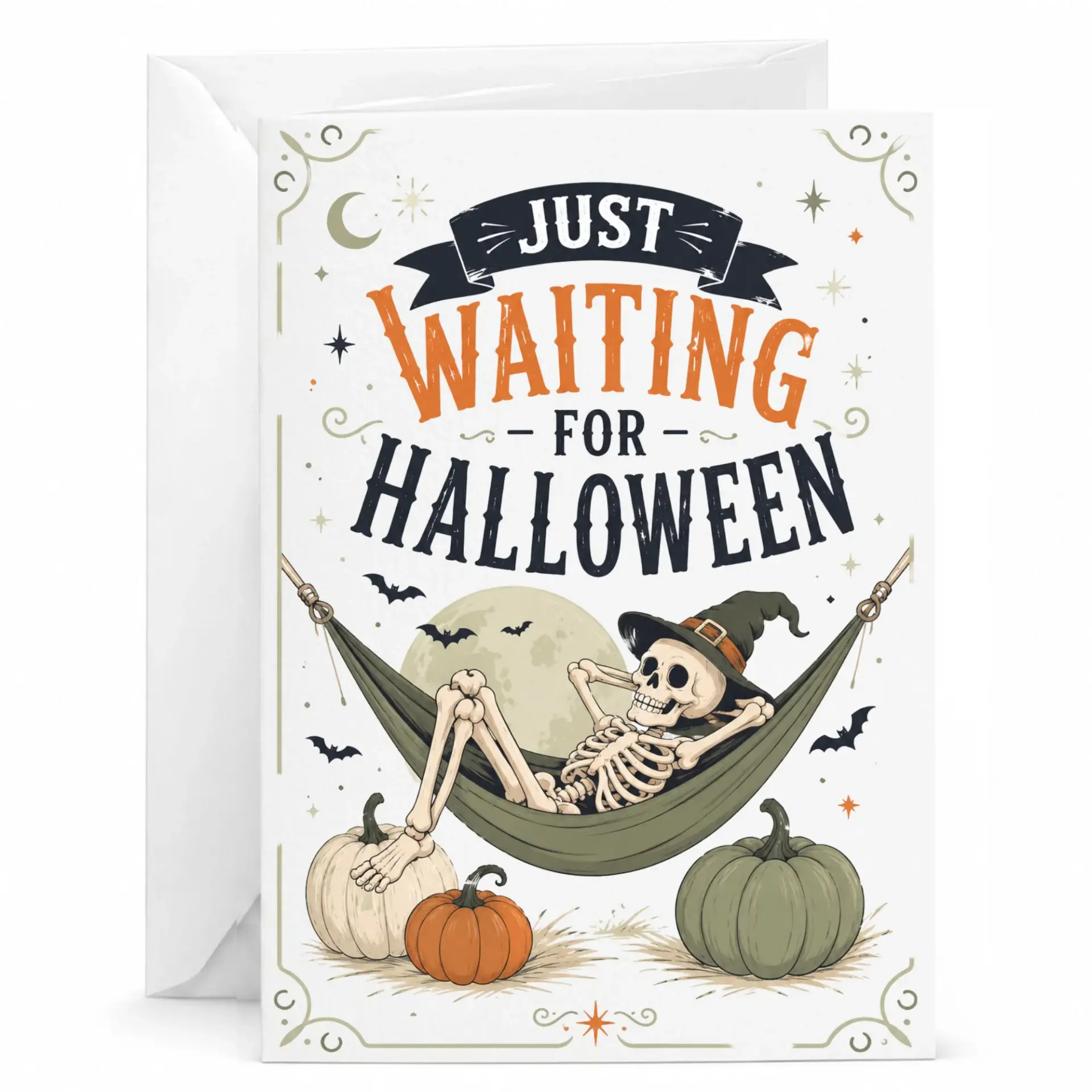 Funny Halloween Greeting Card Just Waiting for Skeleton Relaxing in a Hammock Design 5x7 Inch Folded Note
