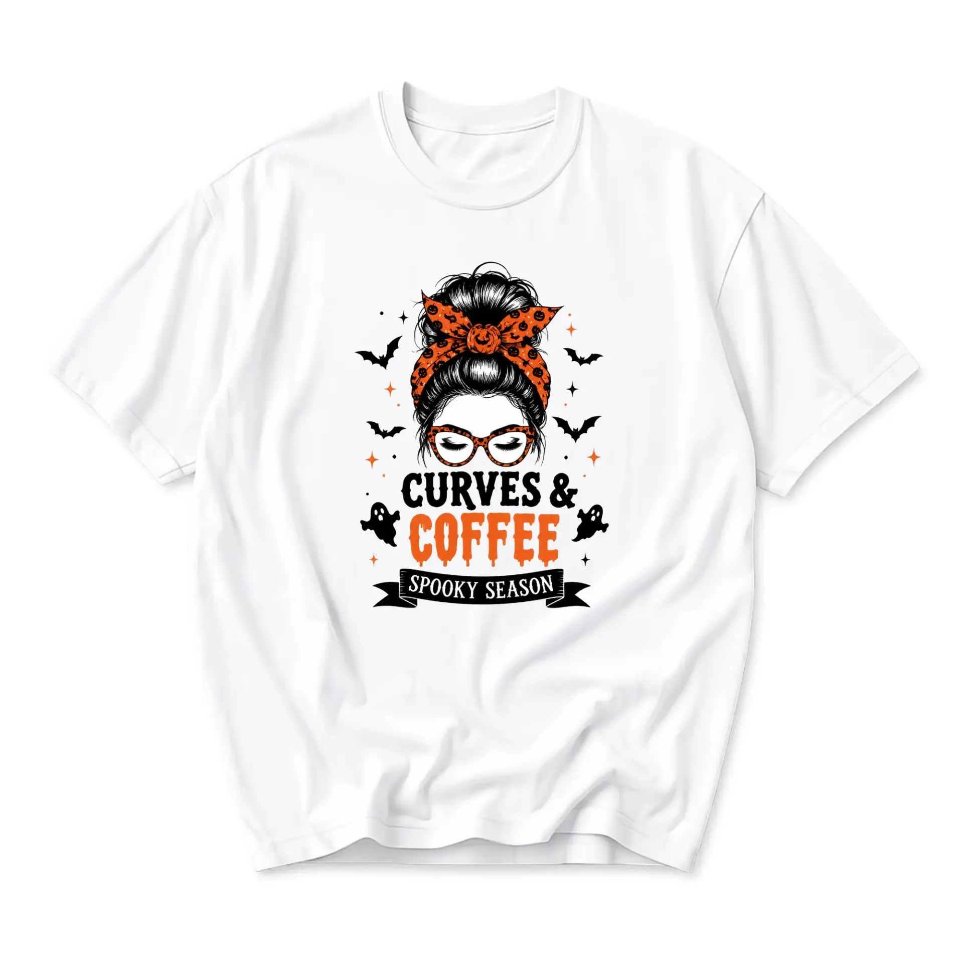 Graphic Tee Curves and Coffee Spooky Season Unisex T-Shirt Halloween Inspired Casual Cotton Blend Crew Neck Shirt