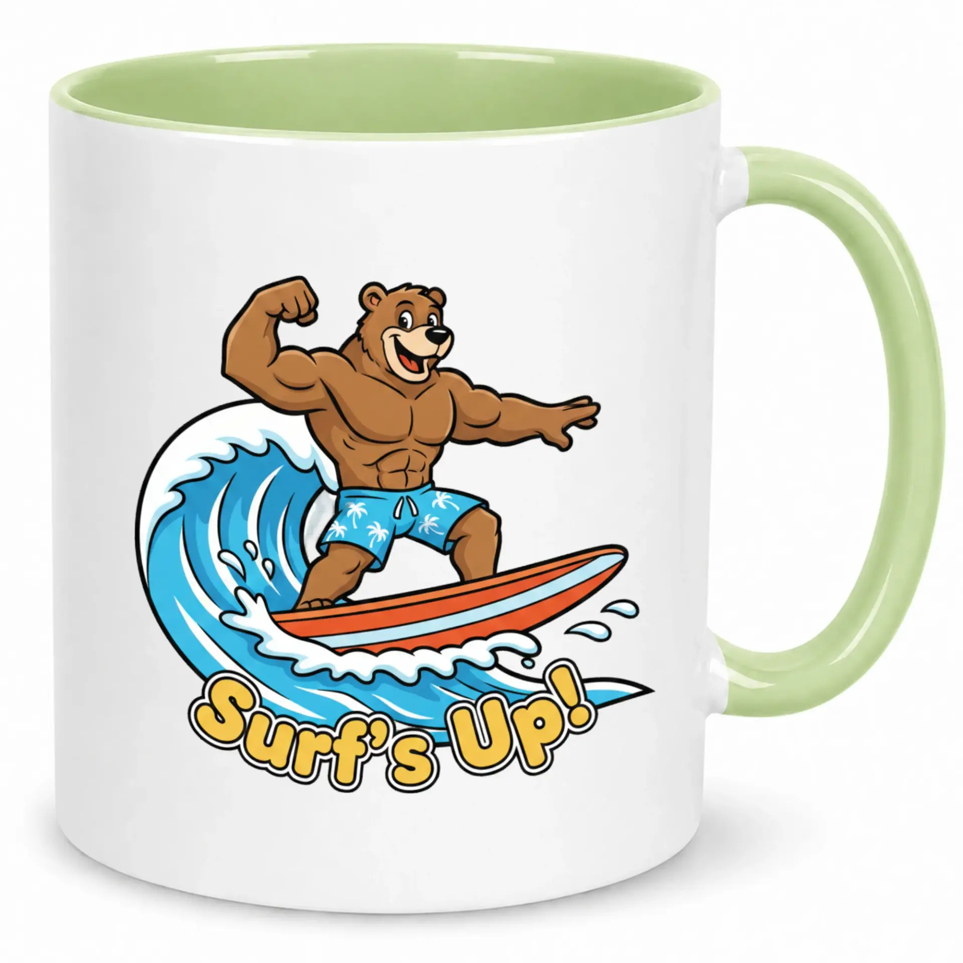 Funny Coffee Mug with Muscular Surfing Bear Design, "surf's Up!" Themed White Ceramic Tea Cup, 11 Oz or 15 Oz Drinkware for Enthusiasts