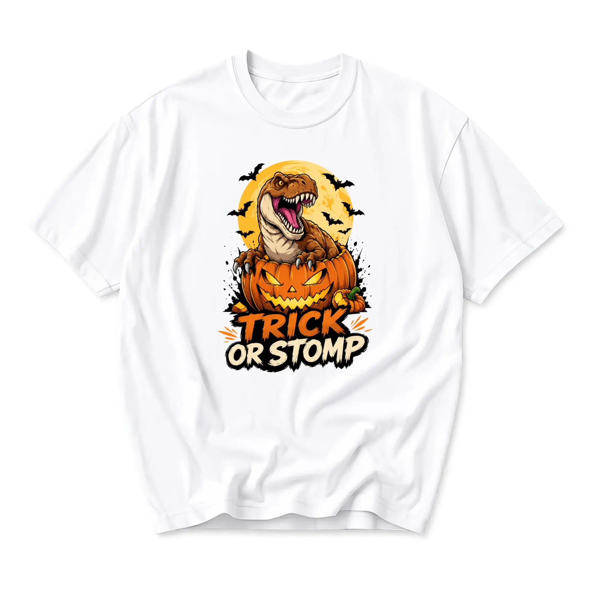 Funny Shirt Trick or Stomp Dinosaur Pumpkin Graphic Tee Unisex Crew Neck Casual Cotton Blend Short Sleeve Apparel