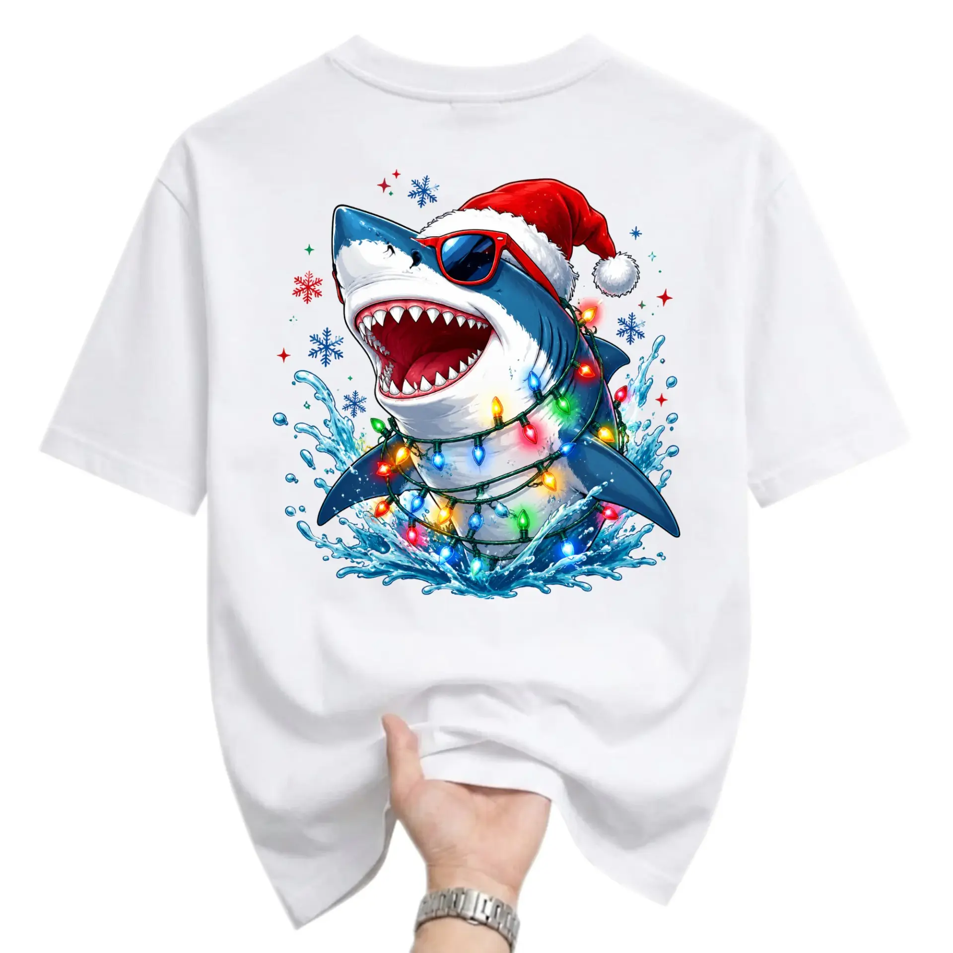 Graphic Tee Funny Christmas Shark Wearing Santa Hat and Sunglasses with Colorful String Lights Unisex Crew Neck Shirt