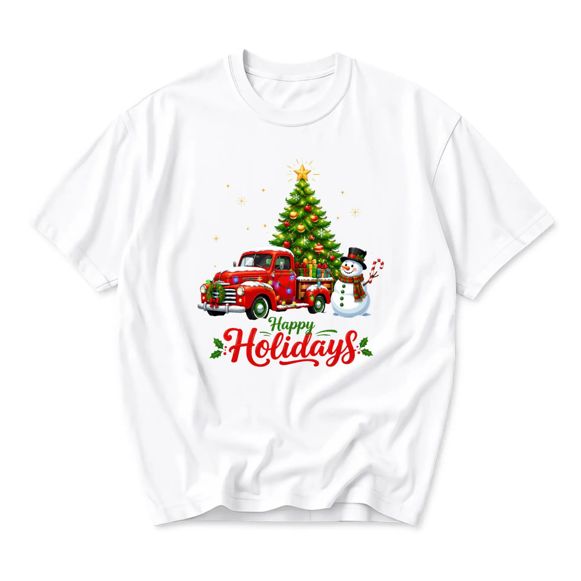 Graphic Tee Happy Holidays Red Vintage Truck and Snowman Festive Seasonal Unisex Short Sleeve Crew Neck Shirt