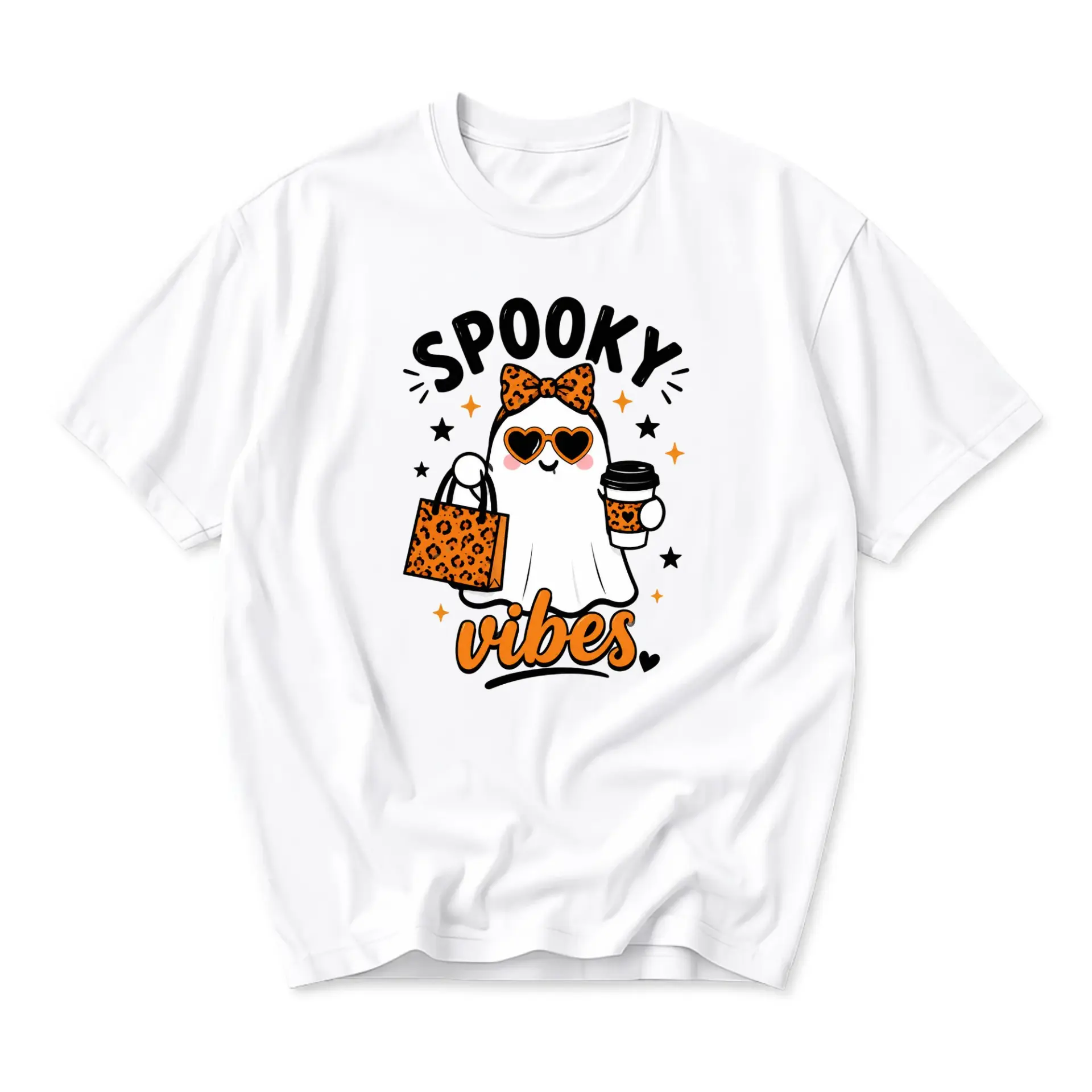 Funny Shirt Spooky Vibes Ghost Graphic Tee Casual Unisex Short Sleeve Crew Neck Top for Halloween Seasonal Apparel