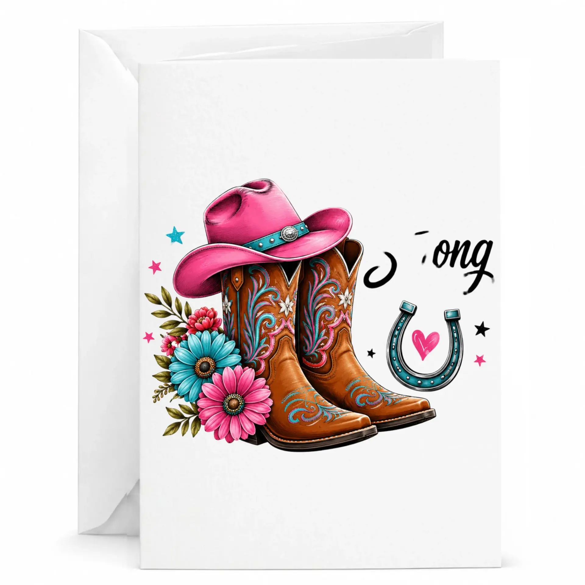 Greeting Card Floral Boots Theme with Pink Hat and Horseshoe for Birthday or Note