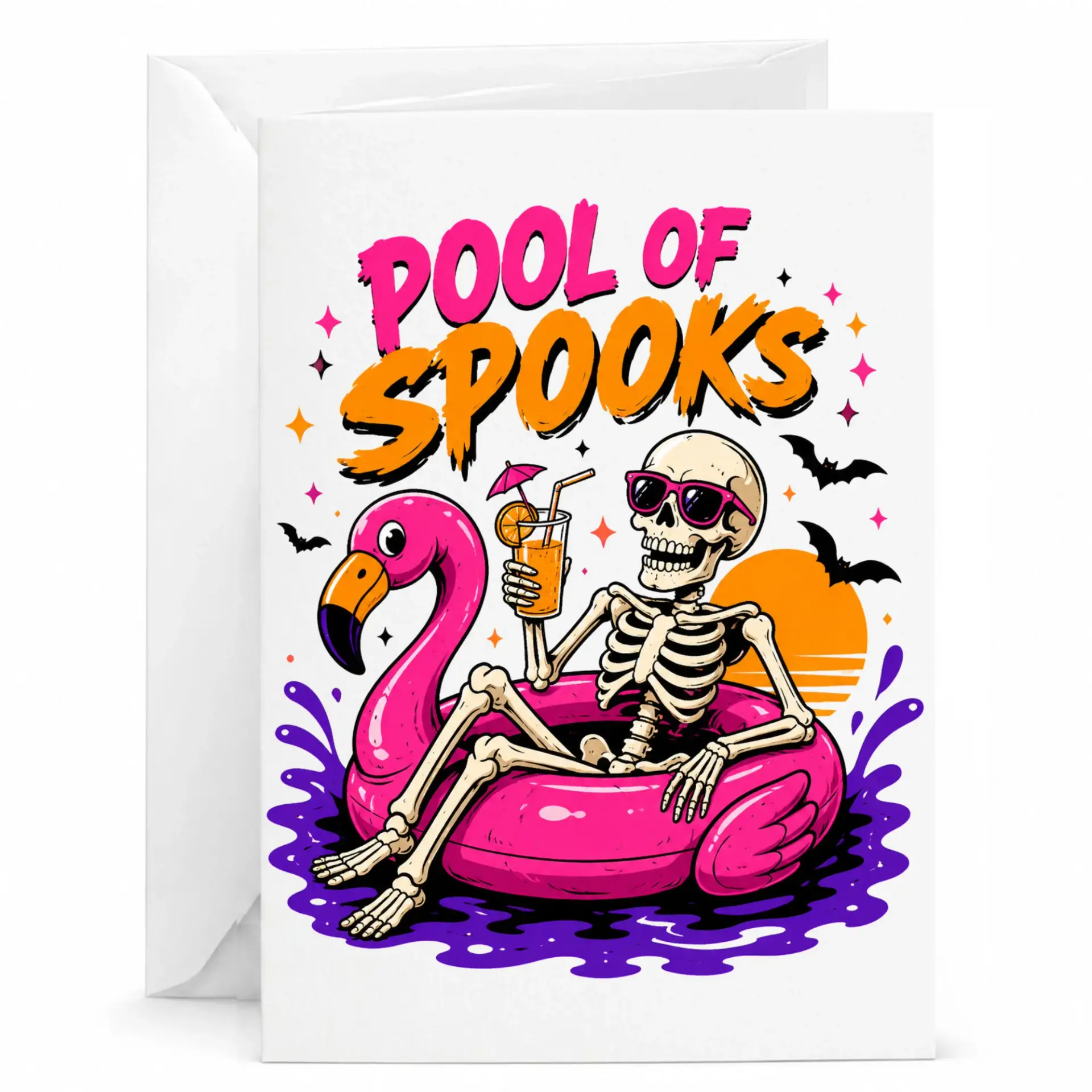 Funny Greeting Card Pool of Spooks Skeleton with Flamingo for Halloween and Summer Vacation Birthday