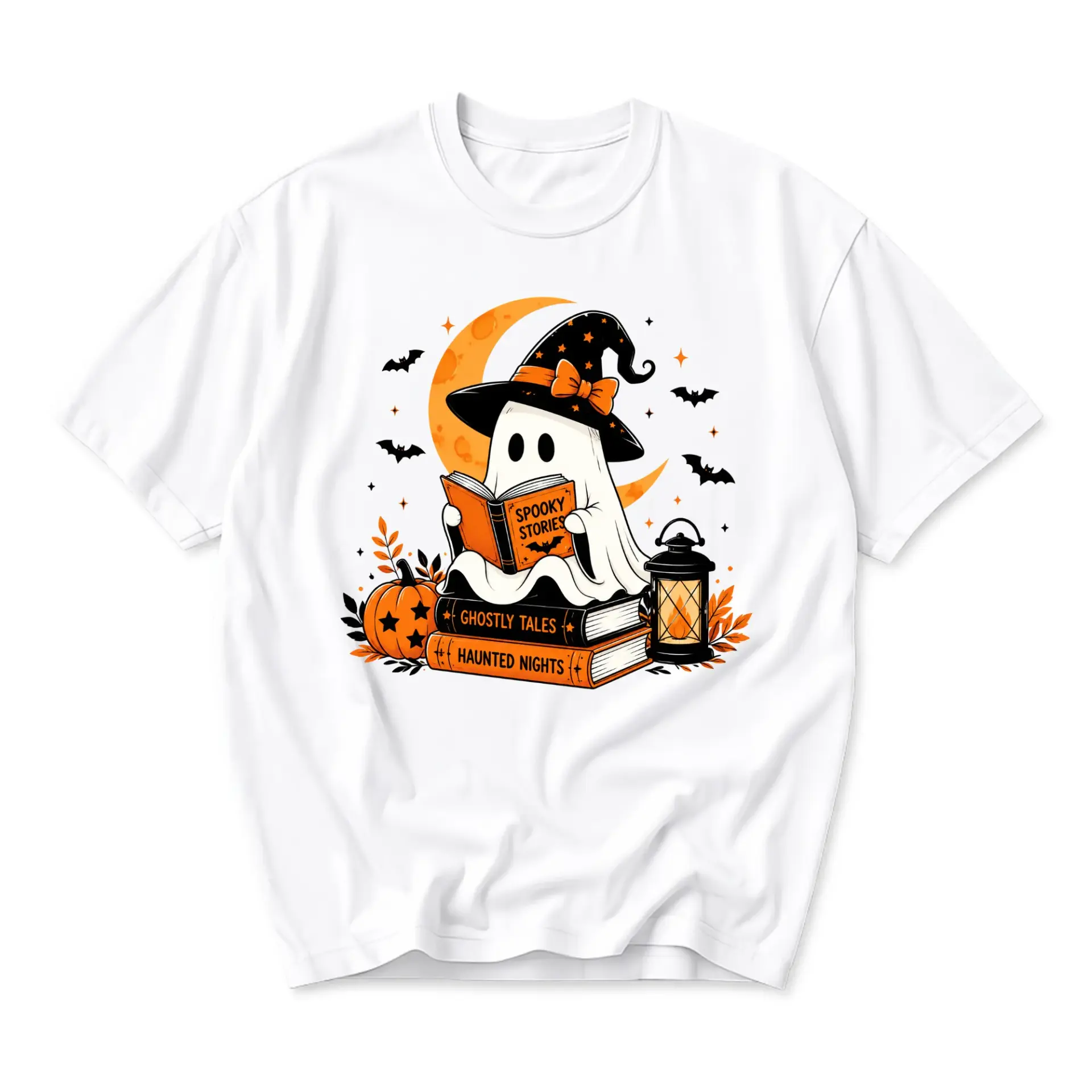 Graphic Tee Unisex Crew Neck T-Shirt Featuring Cute Ghost Reading Book Autumn Seasonal Illustration White Shirt