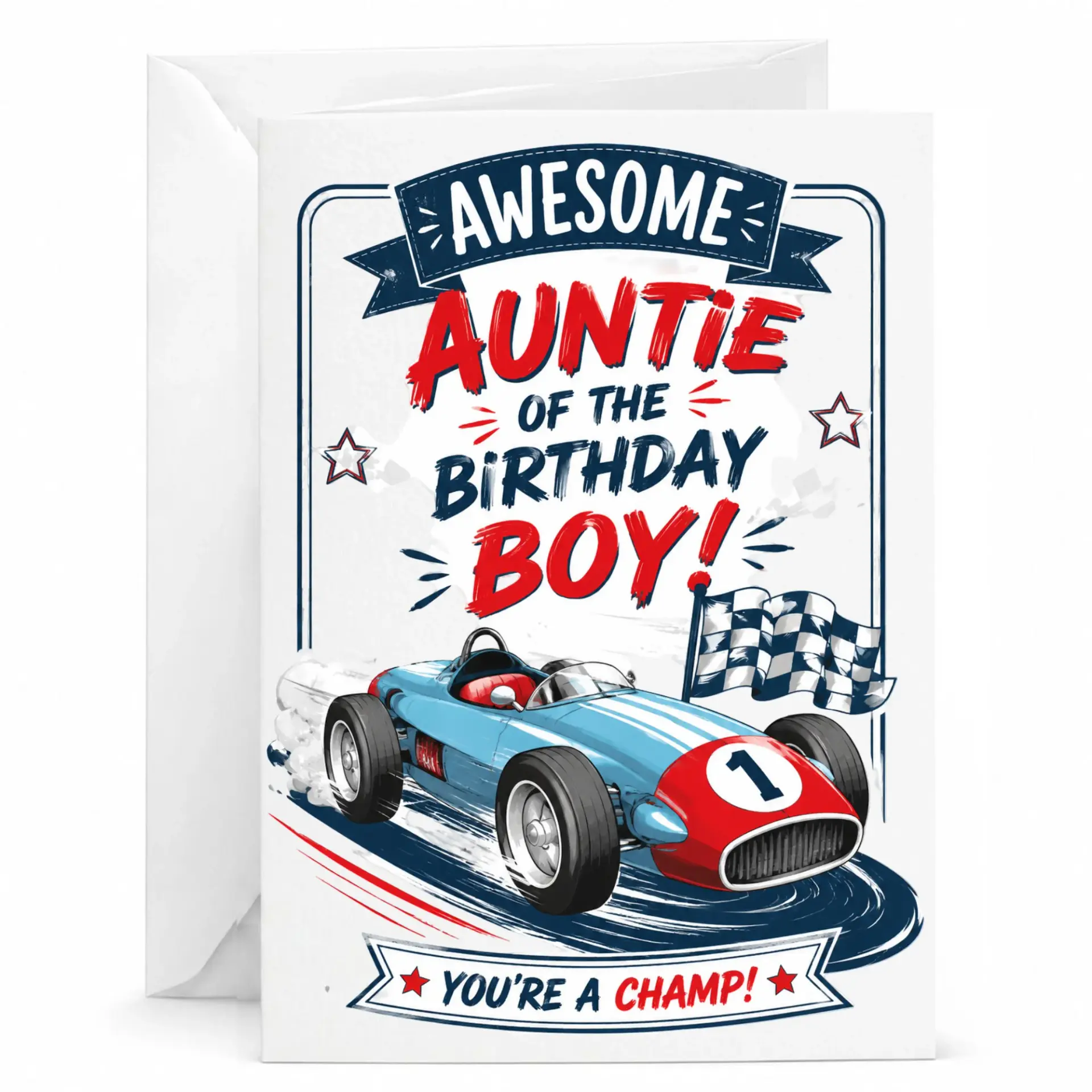 Birthday Card for Auntie Awesome of the Boy Race Car Theme Greeting with Envelope
