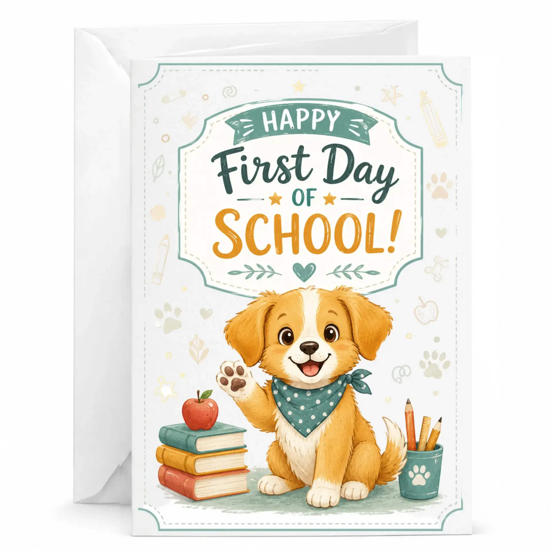 Happy First Day of School Greeting Card with Envelope Cute Puppy Illustration Encouragement Note for