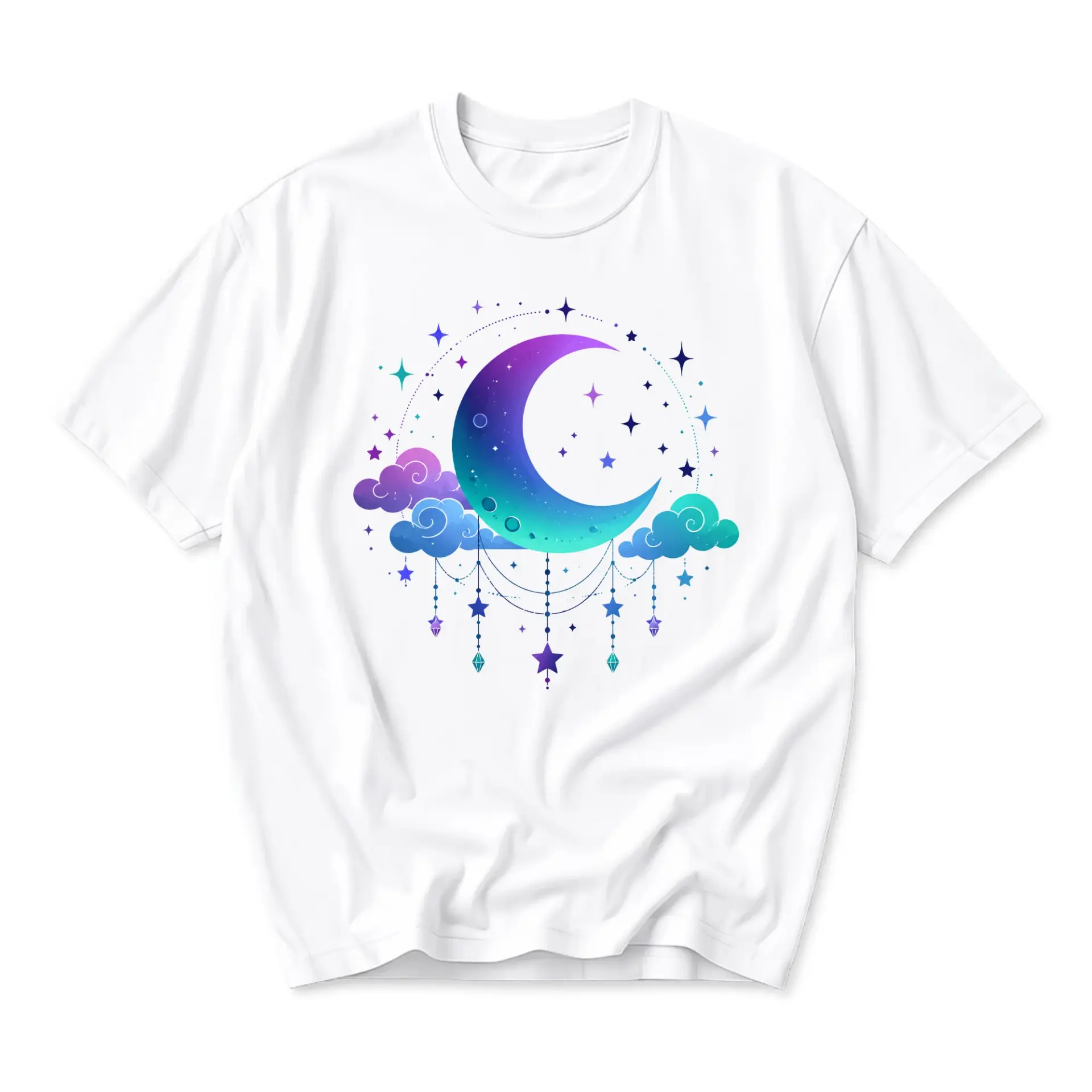 Graphic Tee Celestial Moon and Stars Print Unisex Crew Neck Casual Short Sleeve Cotton Blend Comfortable Everyday Shirt