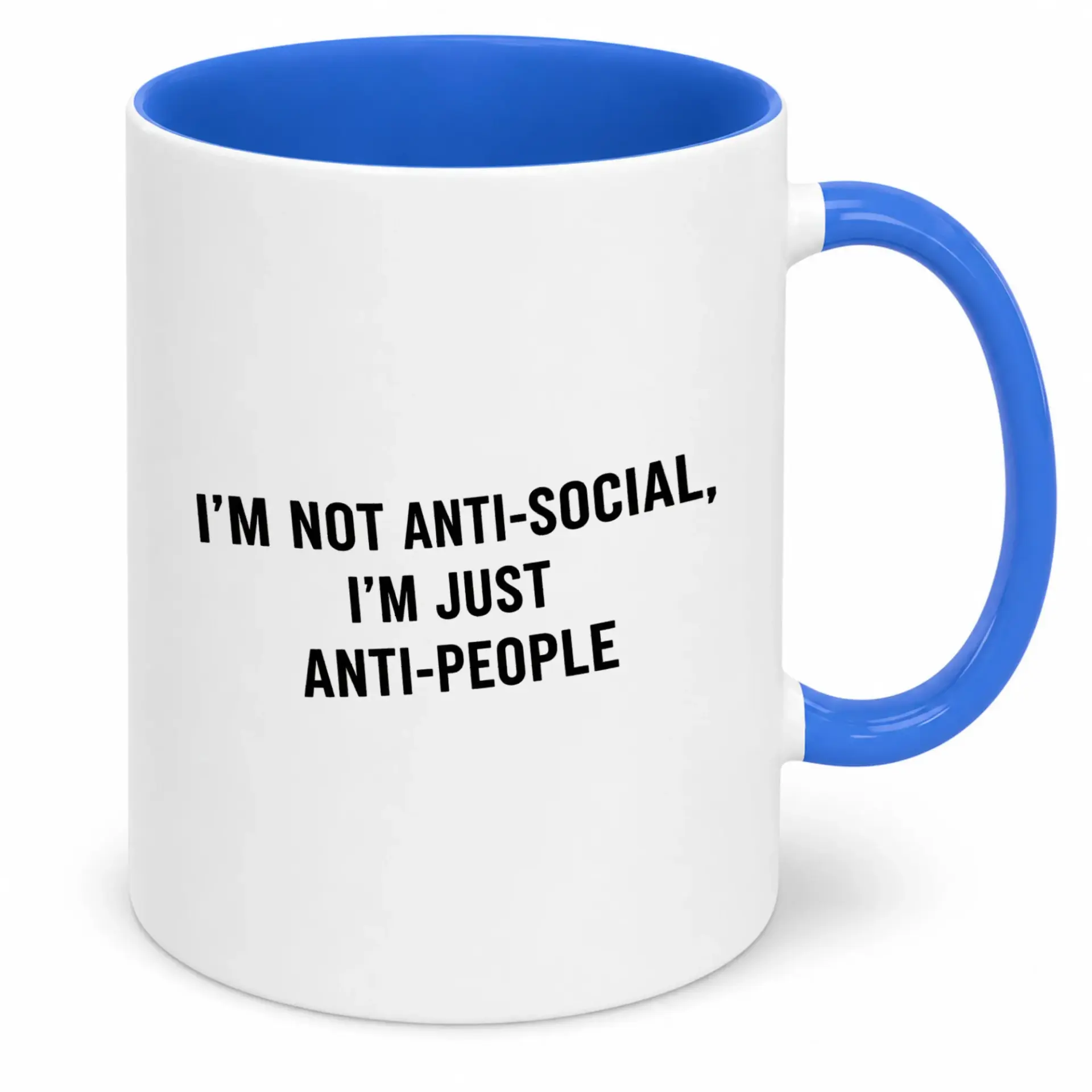 Funny Anti-Social Coffee Mug for People Who Dislike Crowds Sarcastic Humorous Ceramic Beverage Cup with Blue Handle 11oz or 15oz Size