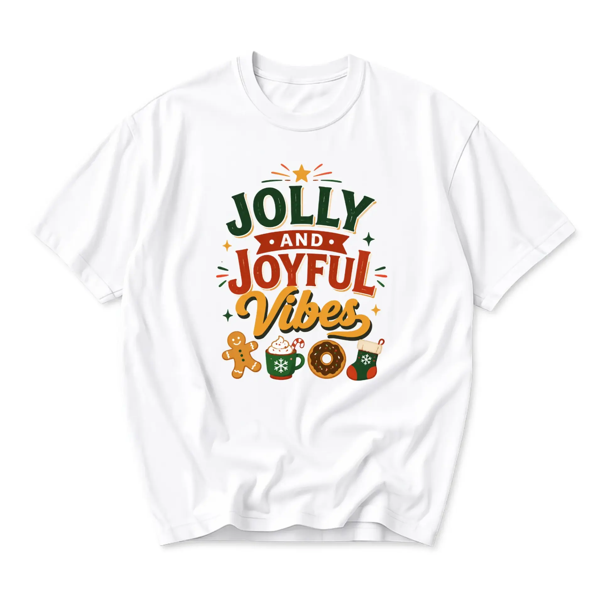 Funny Shirt Jolly and Joyful Vibes Graphic Tee Unisex Casual Crew Neck Holiday Season Seasonal Winter Celebration Apparel
