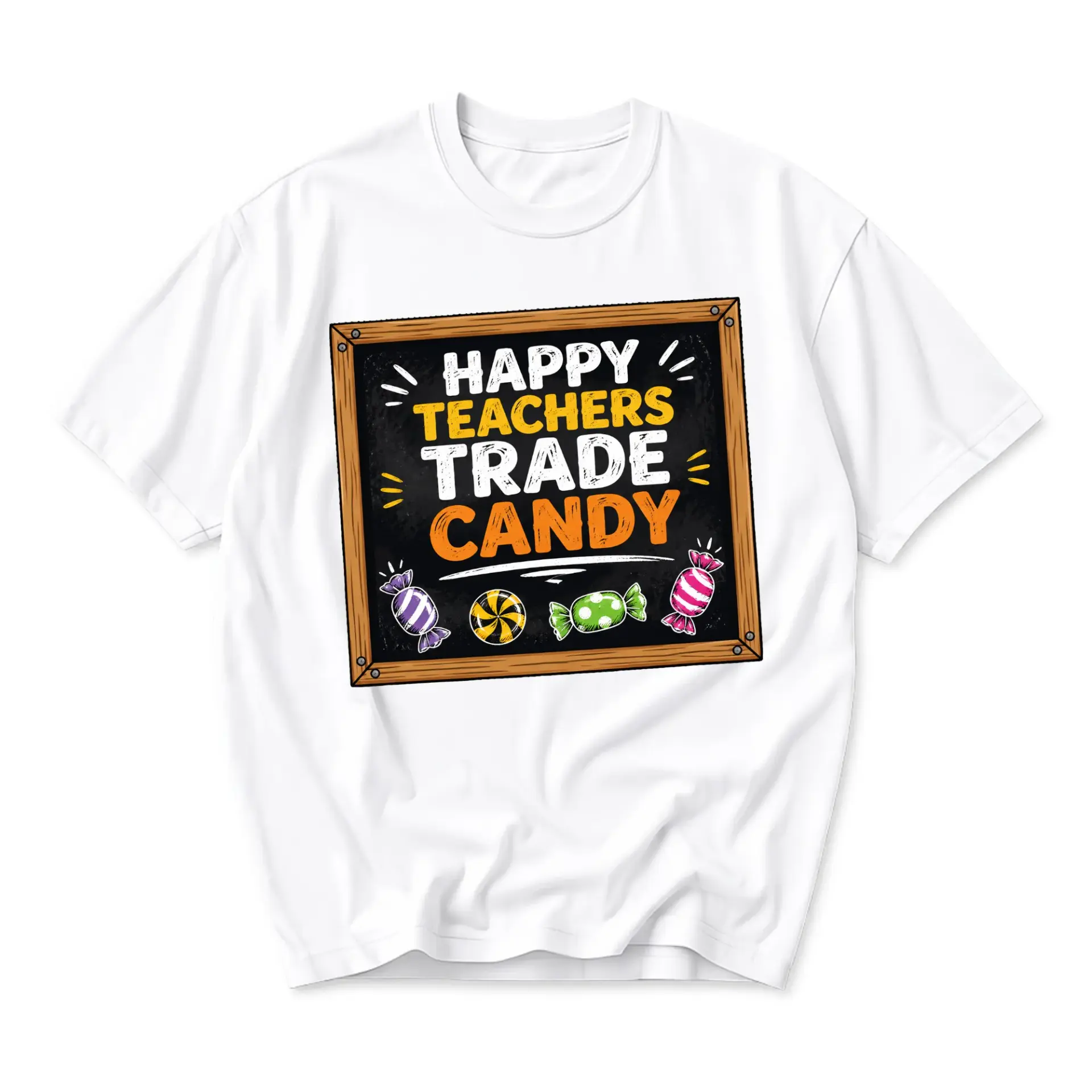 Funny Shirt Happy Teachers Trade Candy Graphic Tee Casual Crew Neck Unisex Top for Educators and School Staff Members