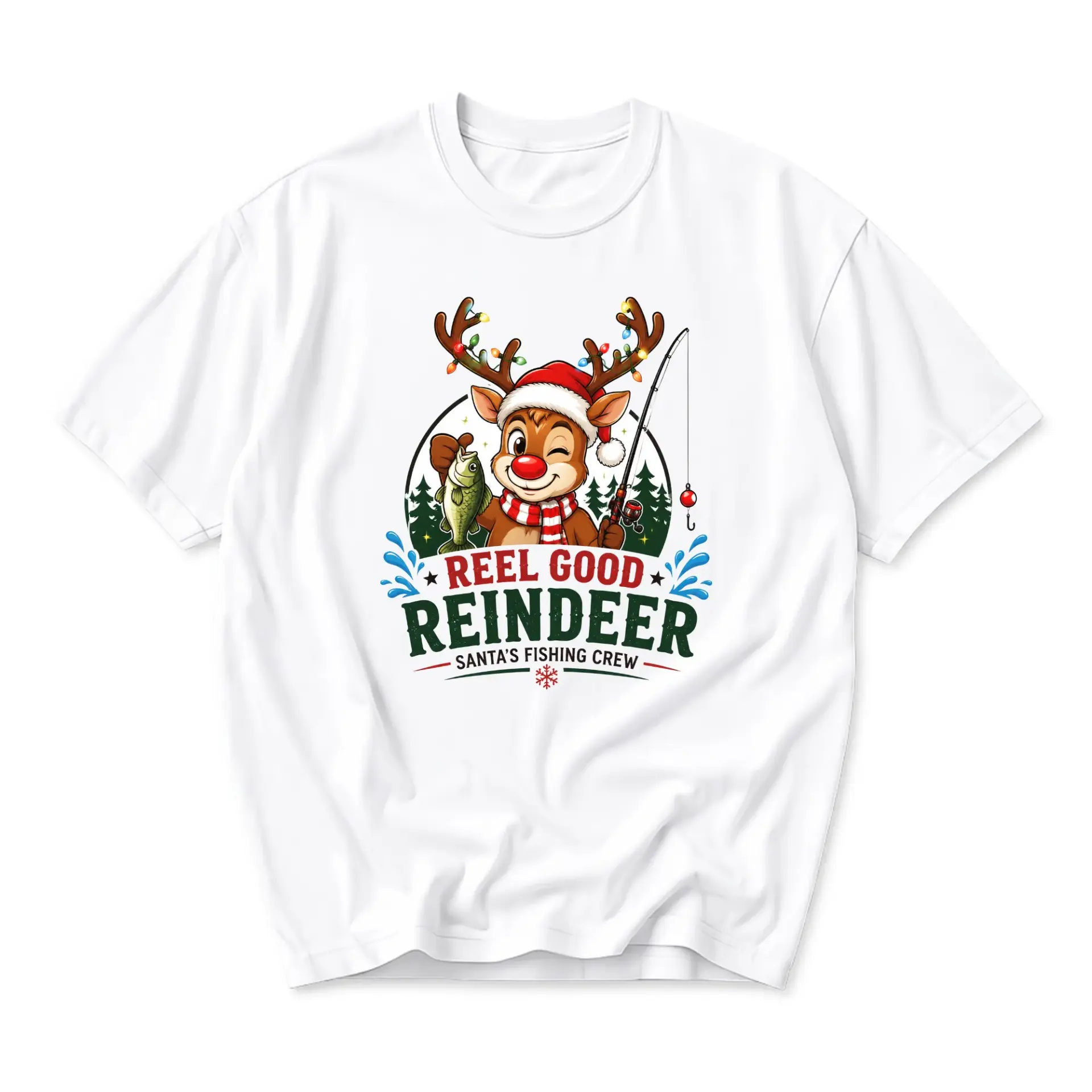 Funny Shirt Reel Good Reindeer Graphic Tee Santa Fishing Crew Seasonal